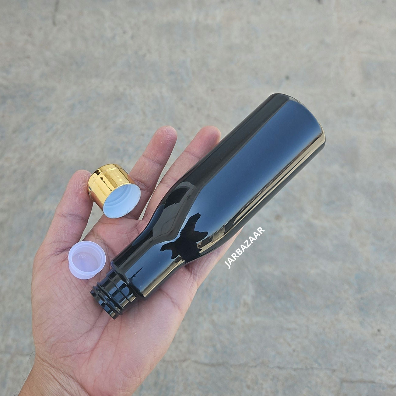 200 ML Asta Black Pet Bottle (With Golden Fliptop Caps)
