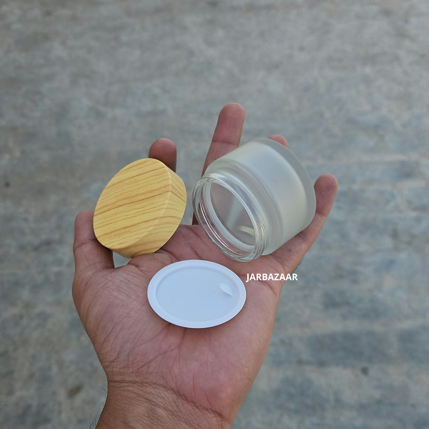 50 Gram Frosted Glass Jar (With Wooden Printed Plastic Caps)