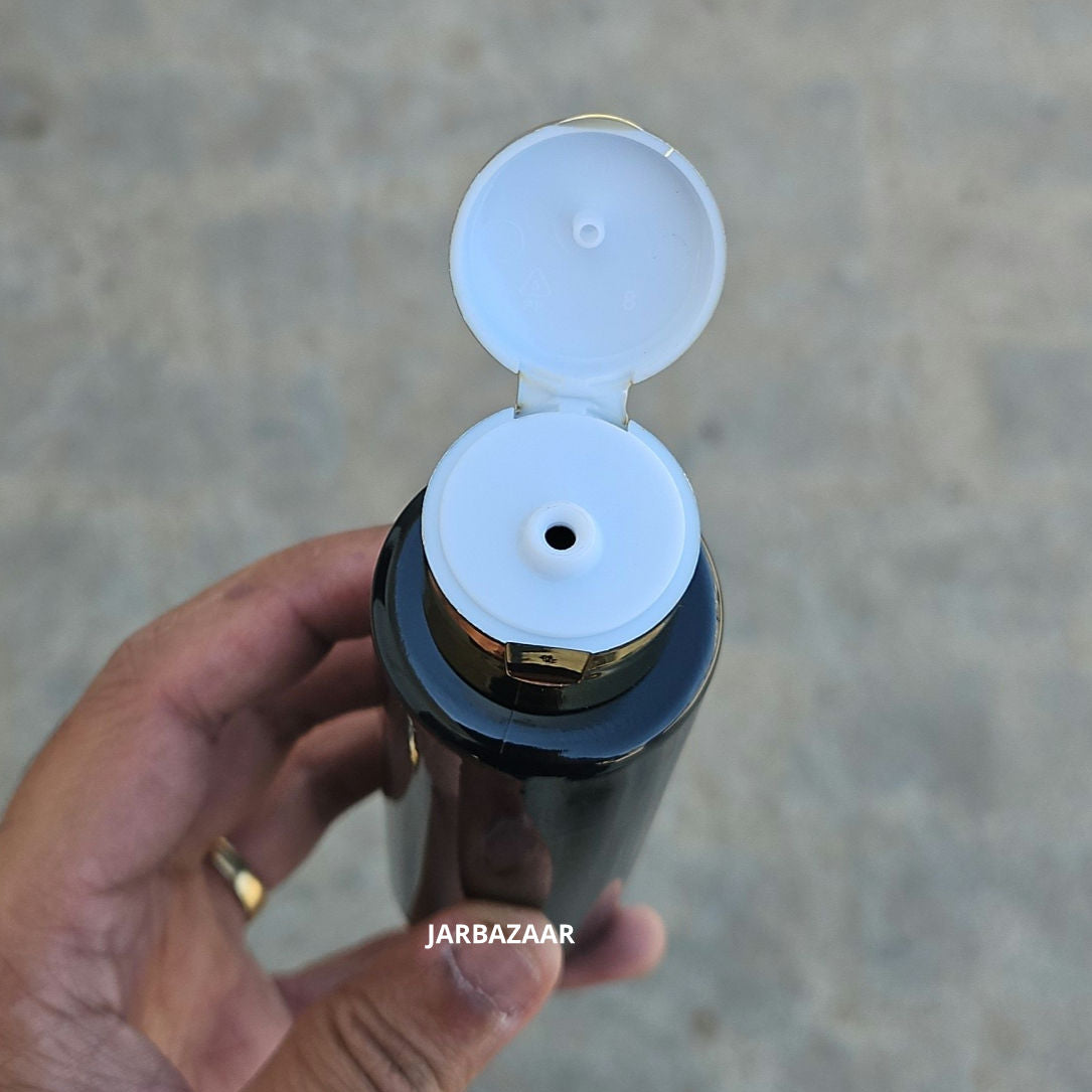 100 ML Sleek Black Pet Bottle (With Golden Fliptop Caps)