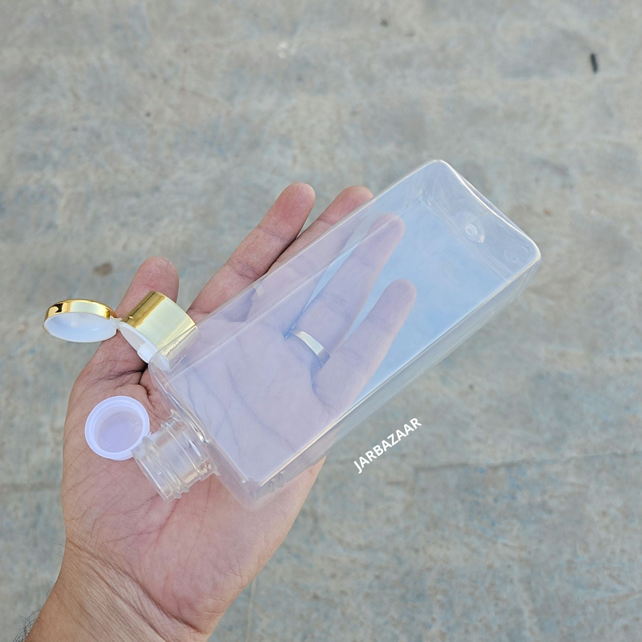 250 ML Rectangle Transparent Pet Bottle (With Golden Fliptop Caps)