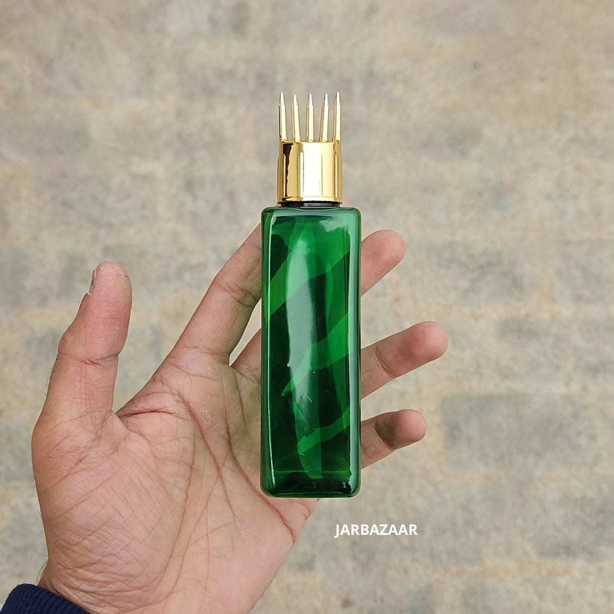 100 ML Square Green Pet Bottle (With Golden Comb Cap)