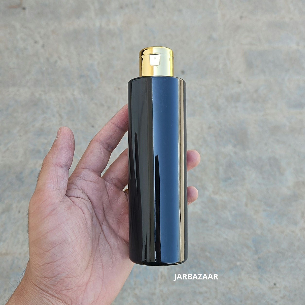 200 ML Sleek Black Pet Bottle (With Golden Fliptop Caps)