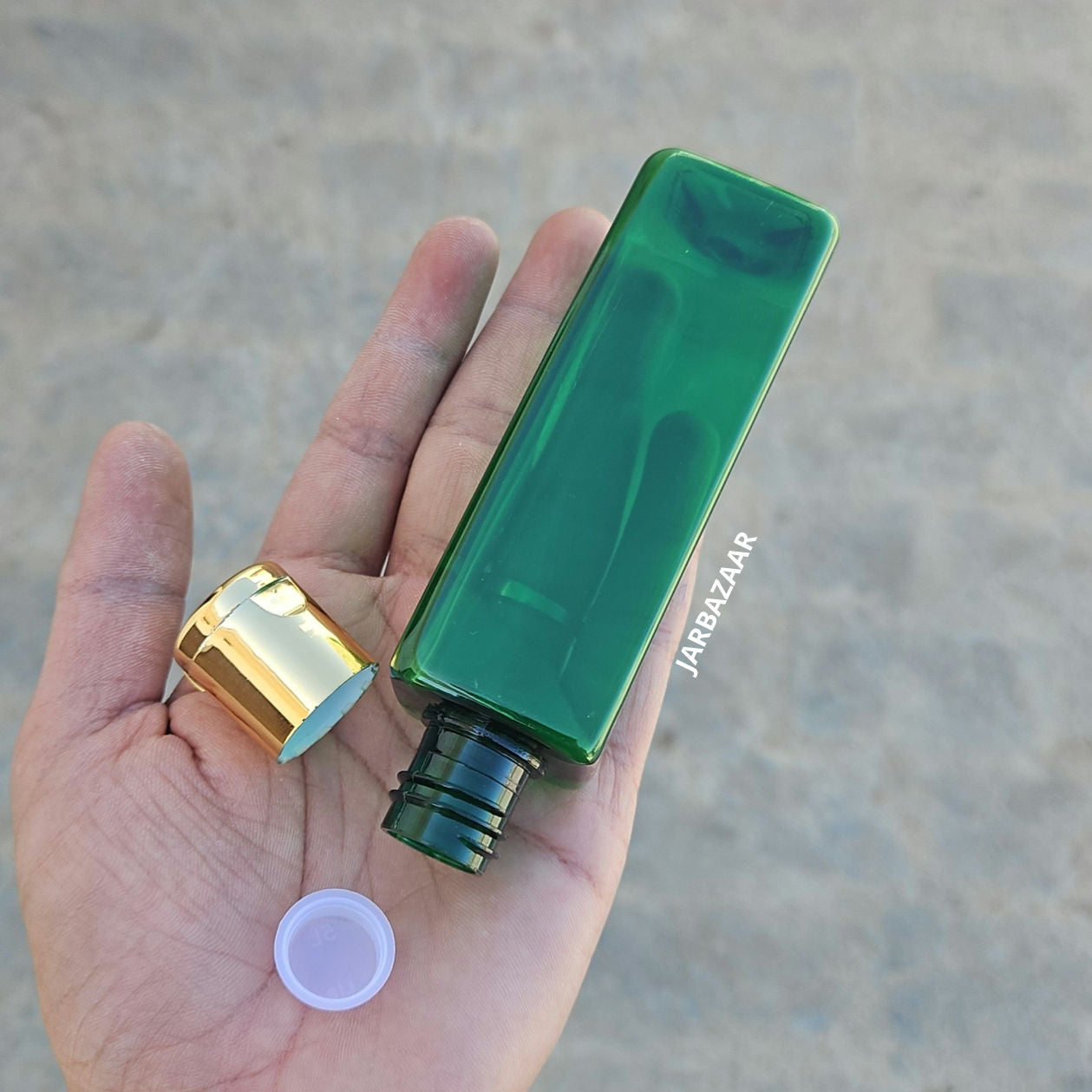 100 ML Square Green Pet Bottle (With Golden Fliptop Caps)