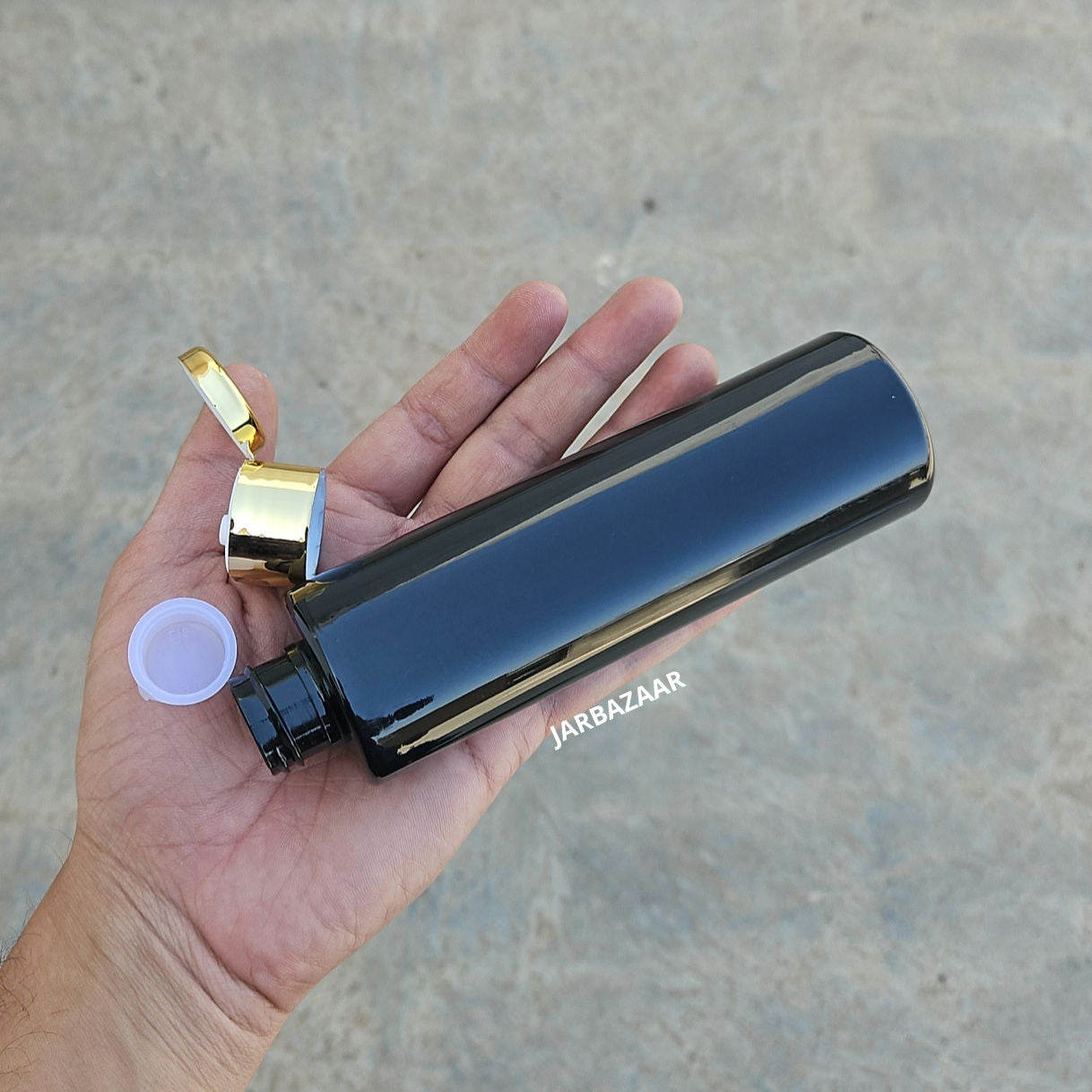 200 ML Sleek Black Pet Bottle (With Golden Fliptop Caps)