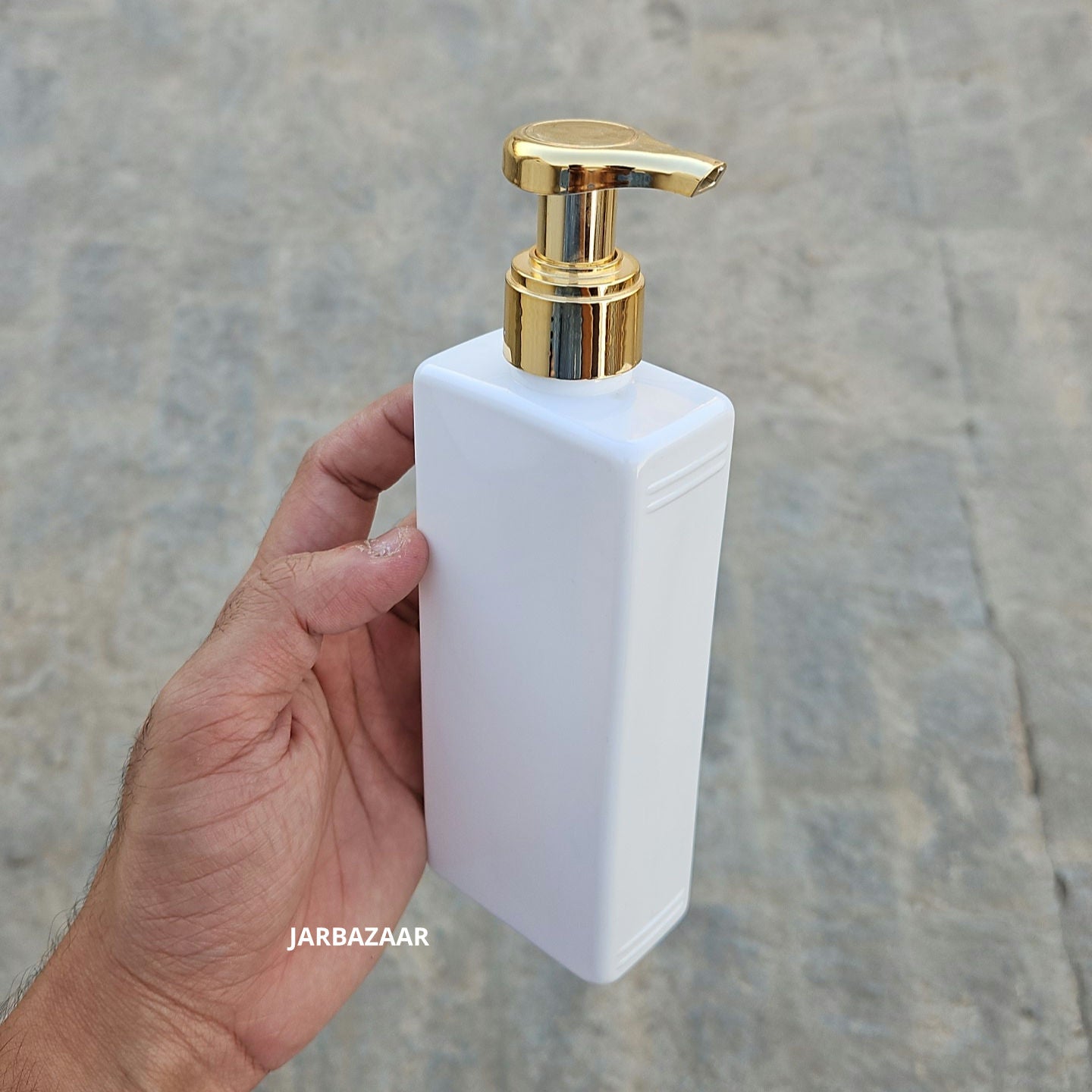 250 ML Rectangle Milky Bottle (With Premium Golden Metallic Dispenser)