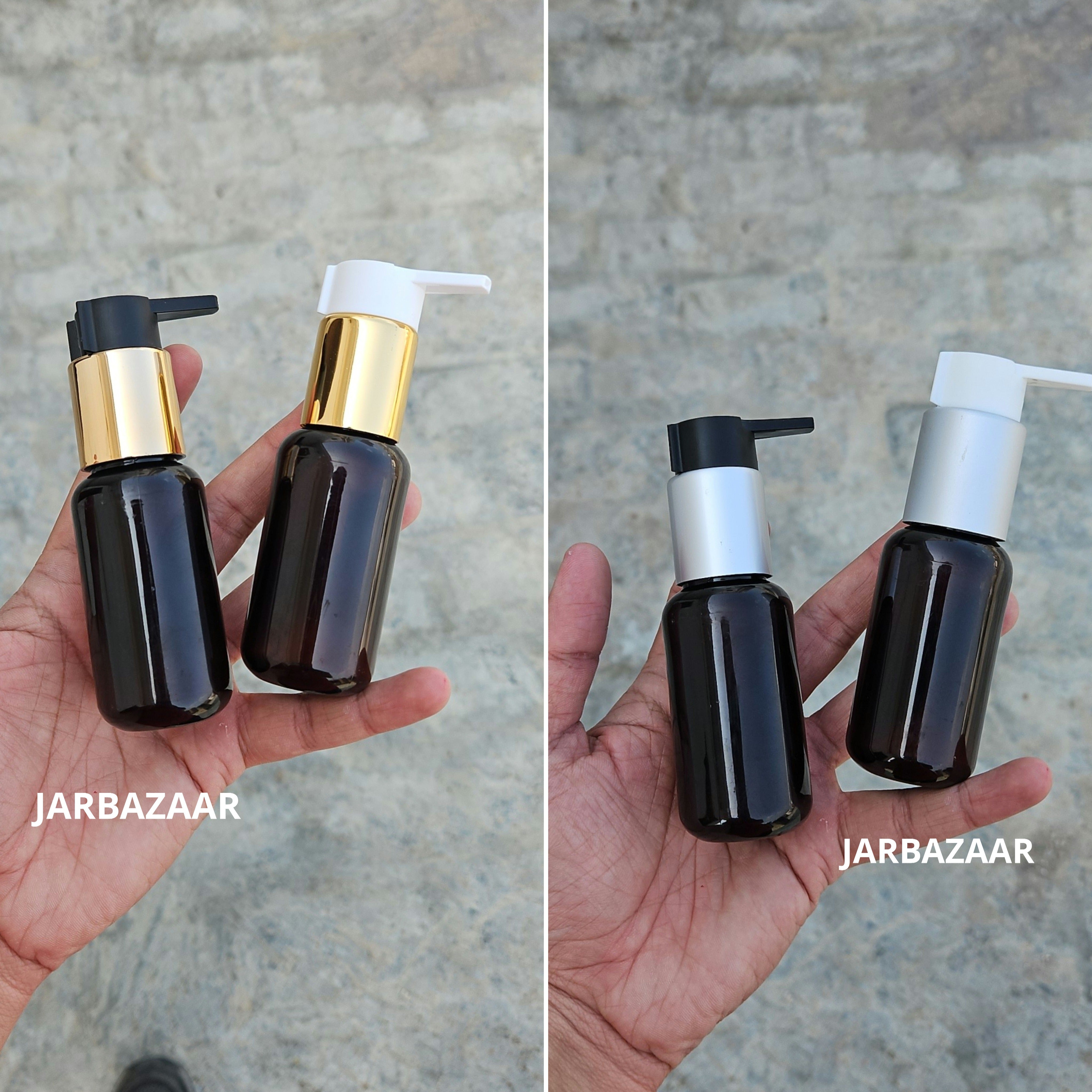 50 Ml Boston Dark Amber Pet Bottles [ With Fancy Clip Lock Dispenser Pumps ] - all variants
