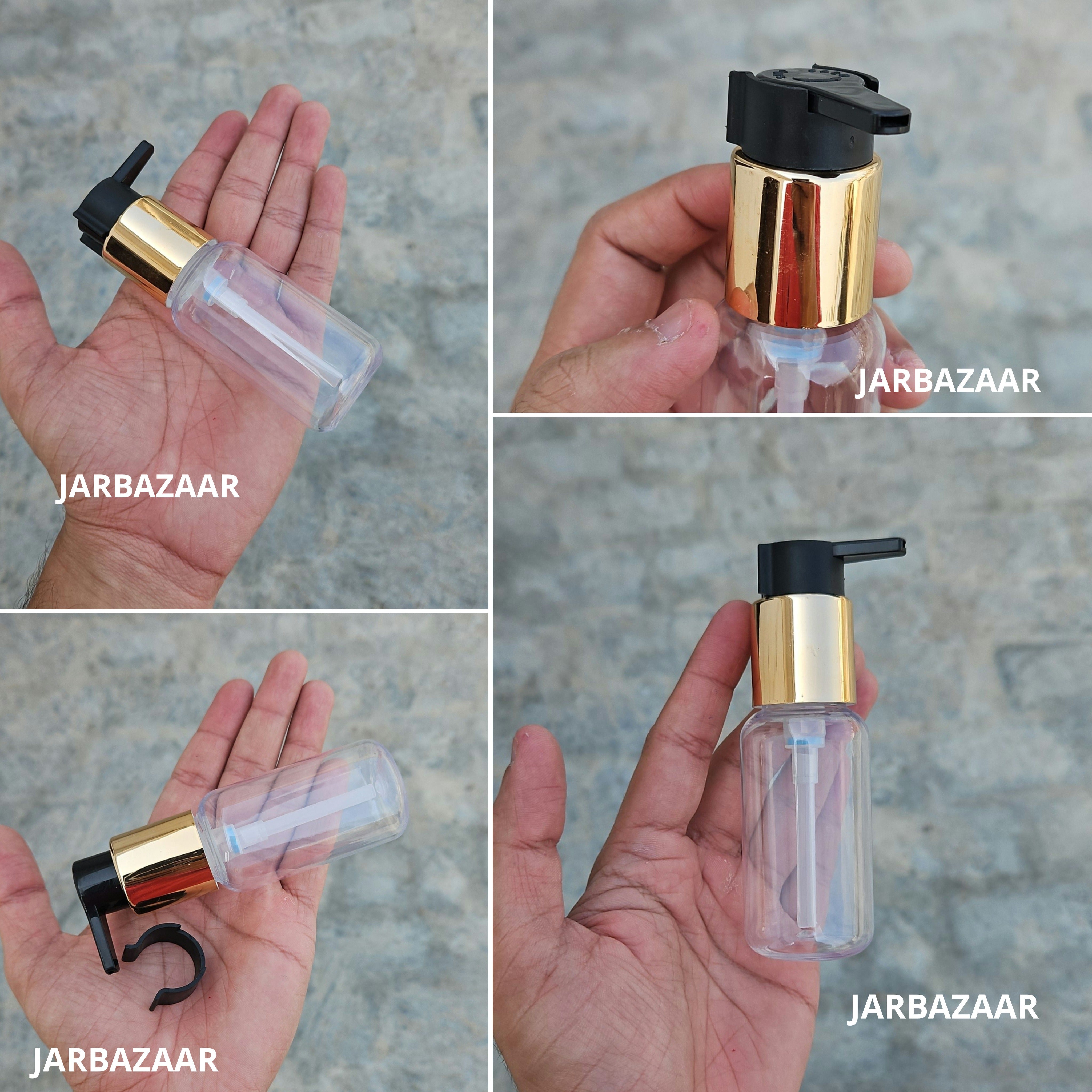 50 Ml Boston Transparent Pet Bottles [ With Fancy Clip Lock Dispenser Pumps ] - Golden Black
