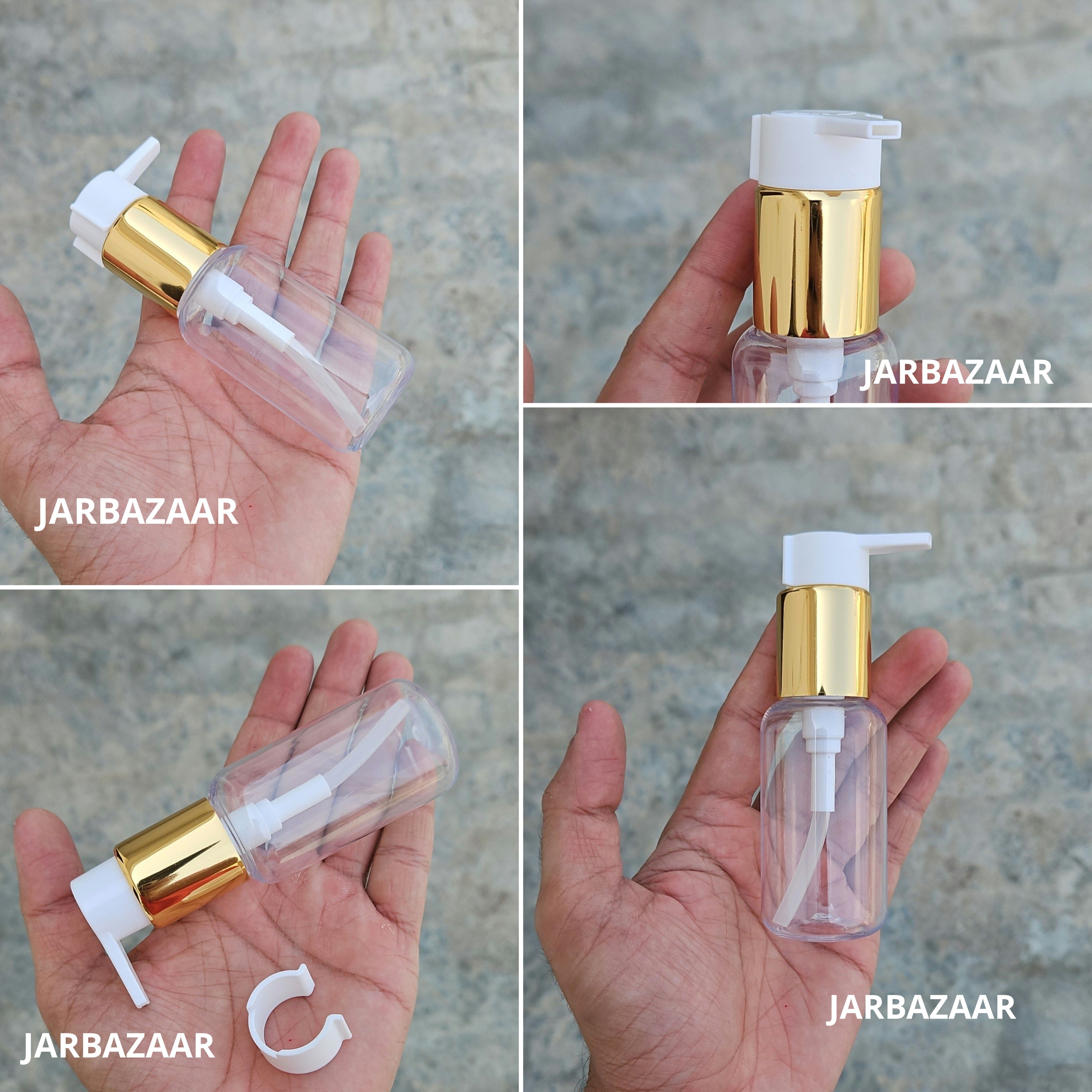 50 Ml Boston Transparent Pet Bottles [ With Fancy Clip Lock Dispenser Pumps ] - Golden White