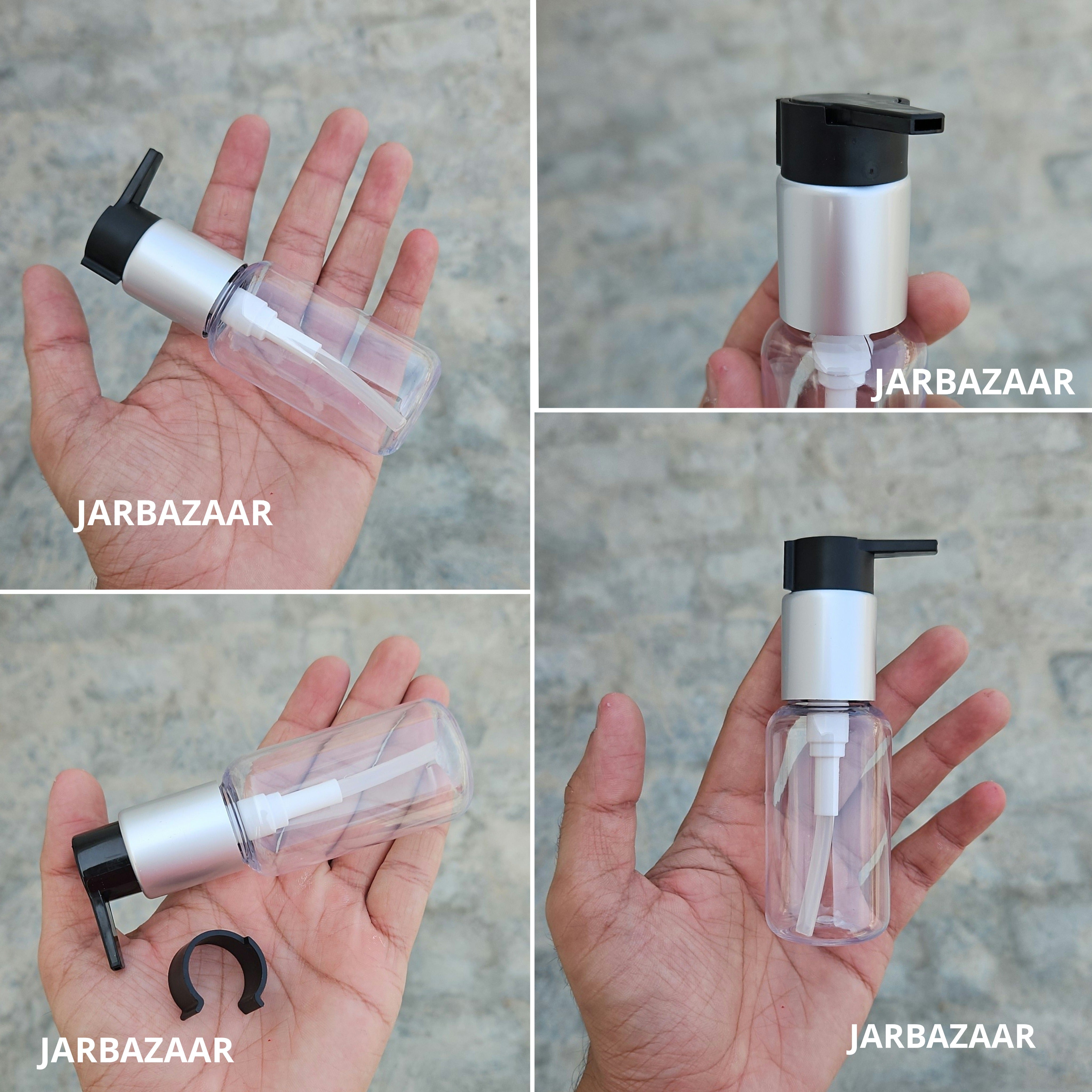 50 Ml Boston Transparent Pet Bottles [ With Fancy Clip Lock Dispenser Pumps ] - Silver Matt Black