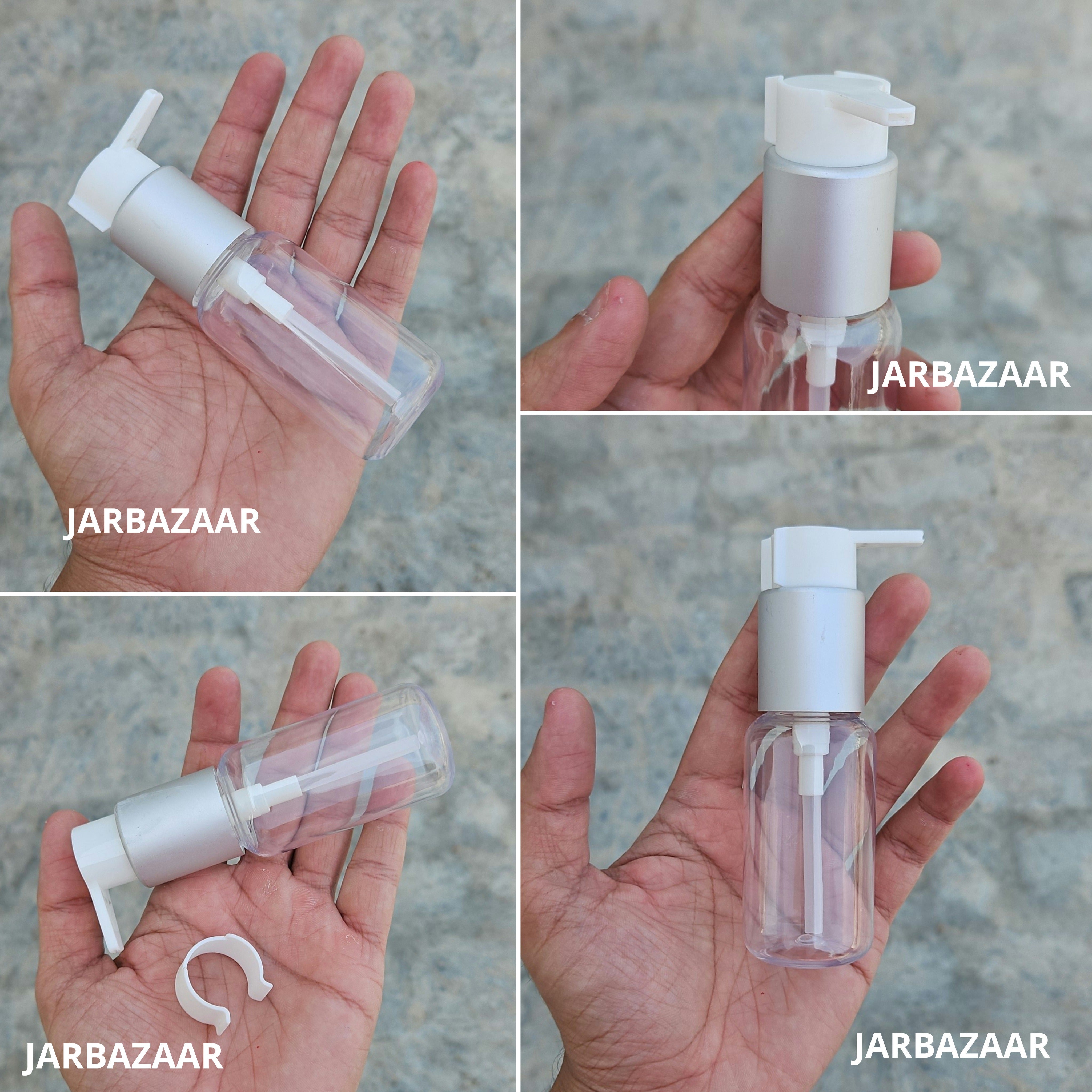 50 Ml Boston Transparent Pet Bottles [ With Fancy Clip Lock Dispenser Pumps ] - Silver Matt White