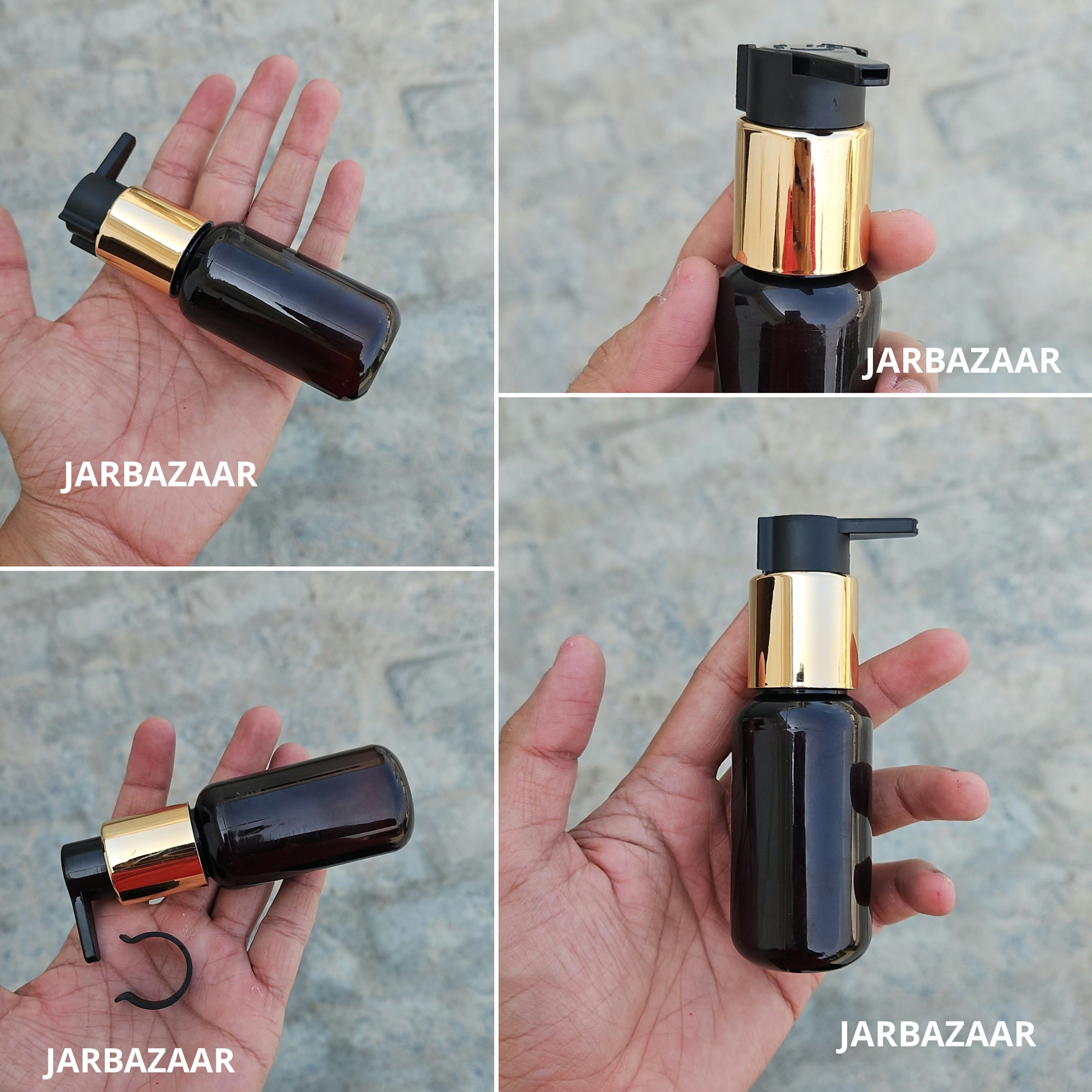 50 Ml Boston Dark Amber Pet Bottles [ With Fancy Clip Lock Dispenser Pumps ] - Golden Black