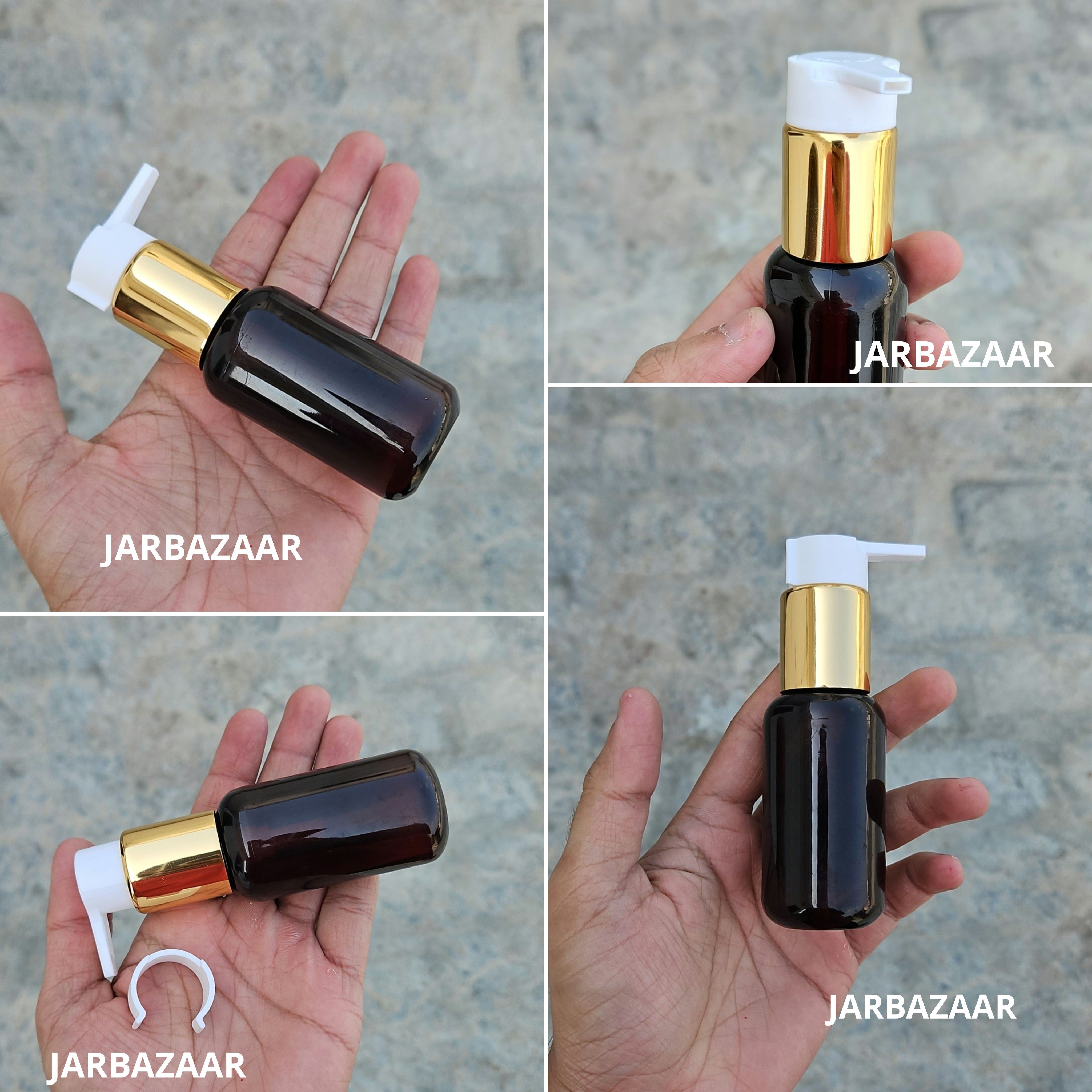 50 Ml Boston Dark Amber Pet Bottles [ With Fancy Clip Lock Dispenser Pumps ] - Golden White
