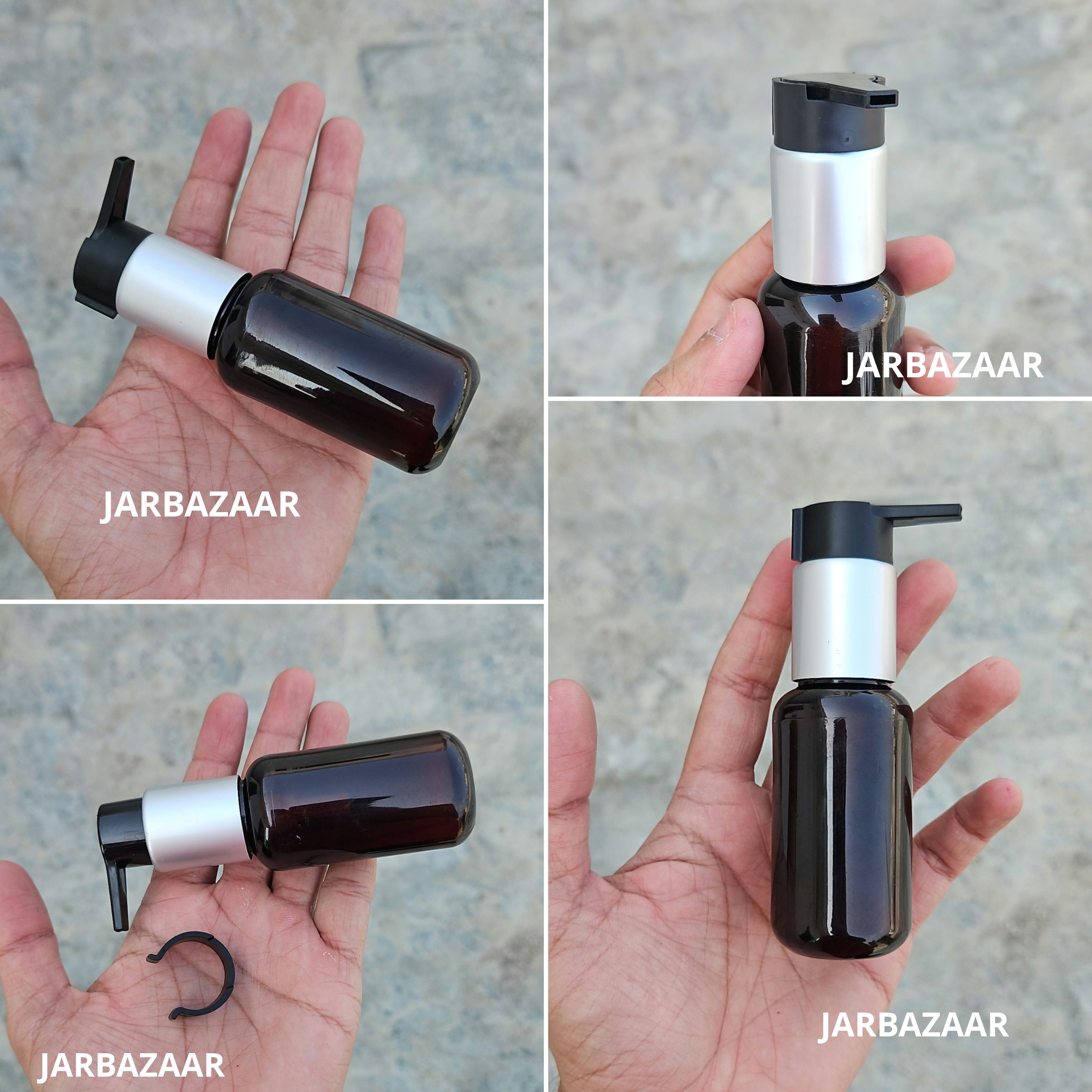 50 Ml Boston Dark Amber Pet Bottles [ With Fancy Clip Lock Dispenser Pumps ] - Silver Matt Black