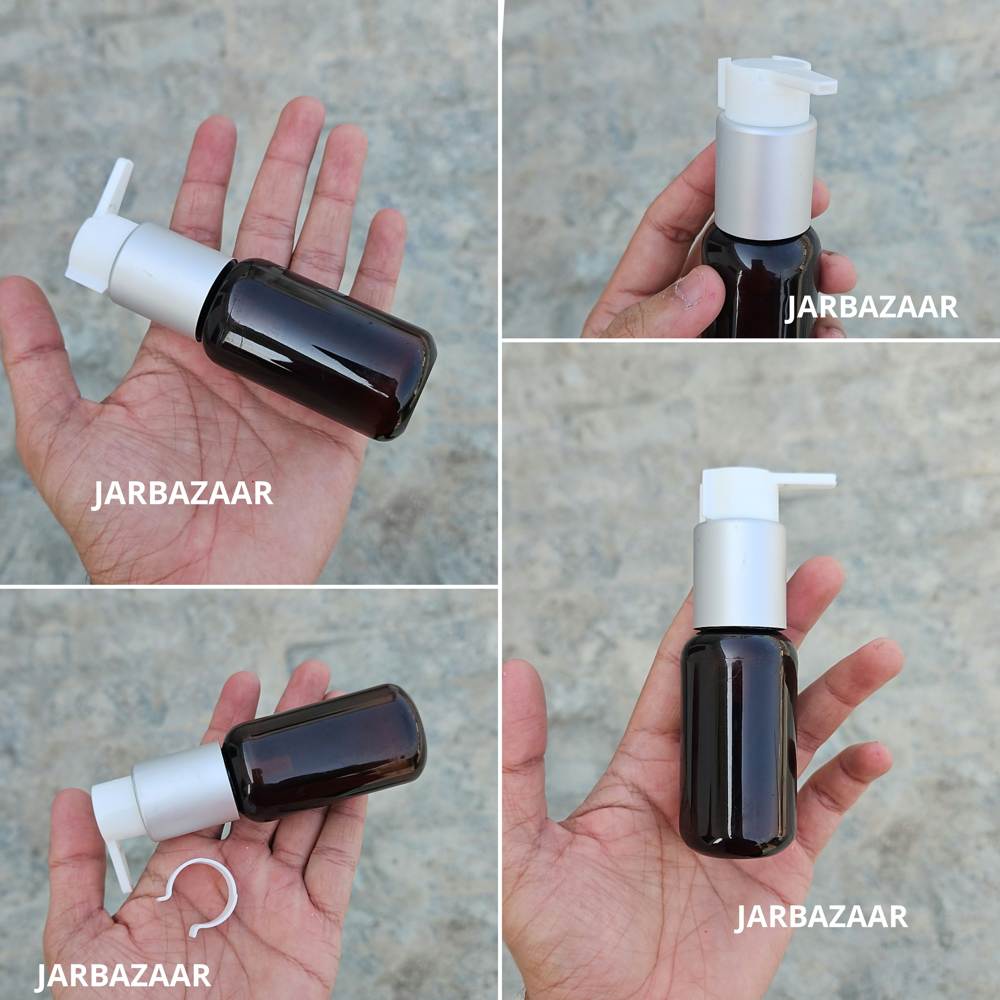50 Ml Boston Dark Amber Pet Bottles [ With Fancy Clip Lock Dispenser Pumps ] - Silver Matt White