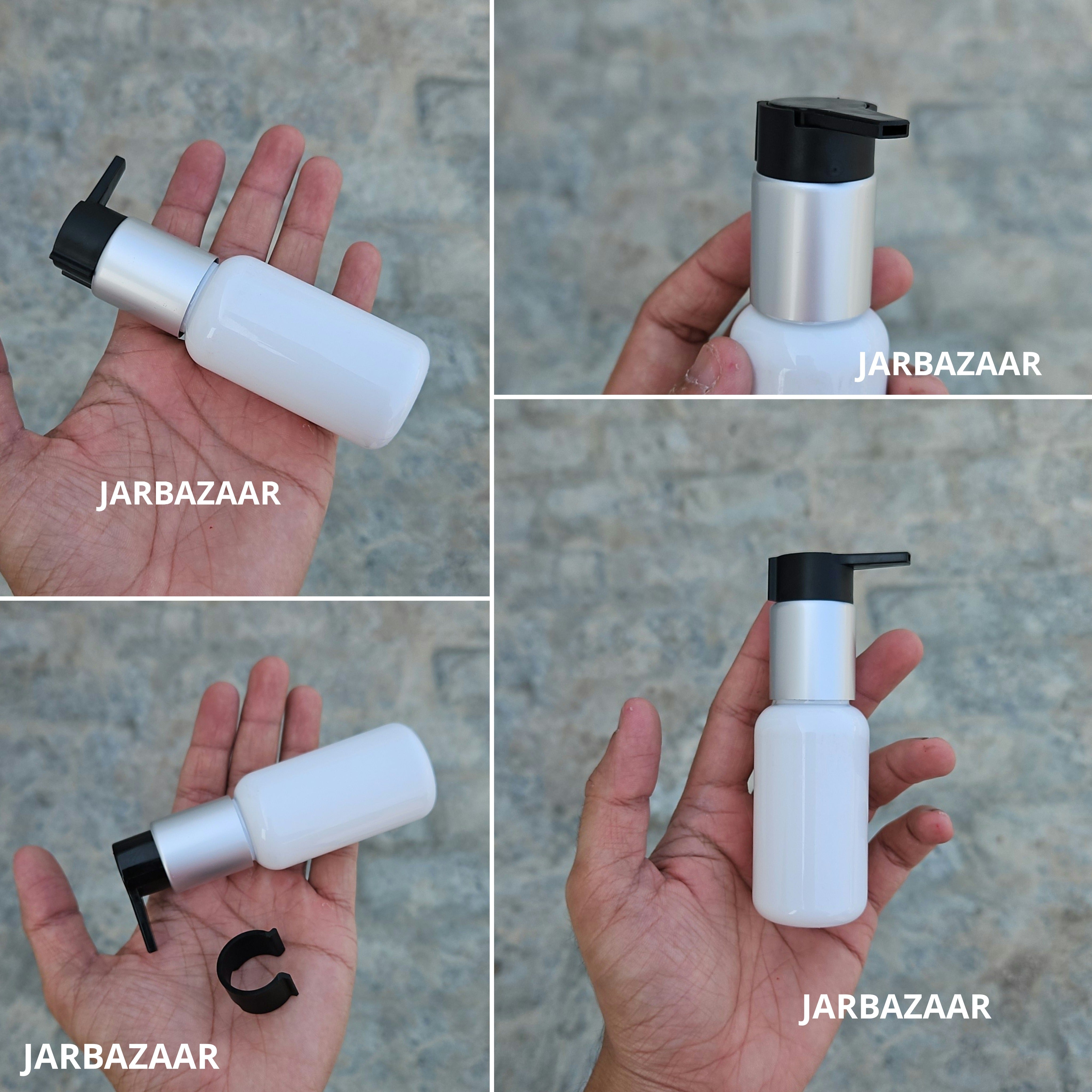 50 Ml Boston White Pet Bottles [ With Fancy Clip Lock Dispenser Pumps ] - Silver Matt Black
