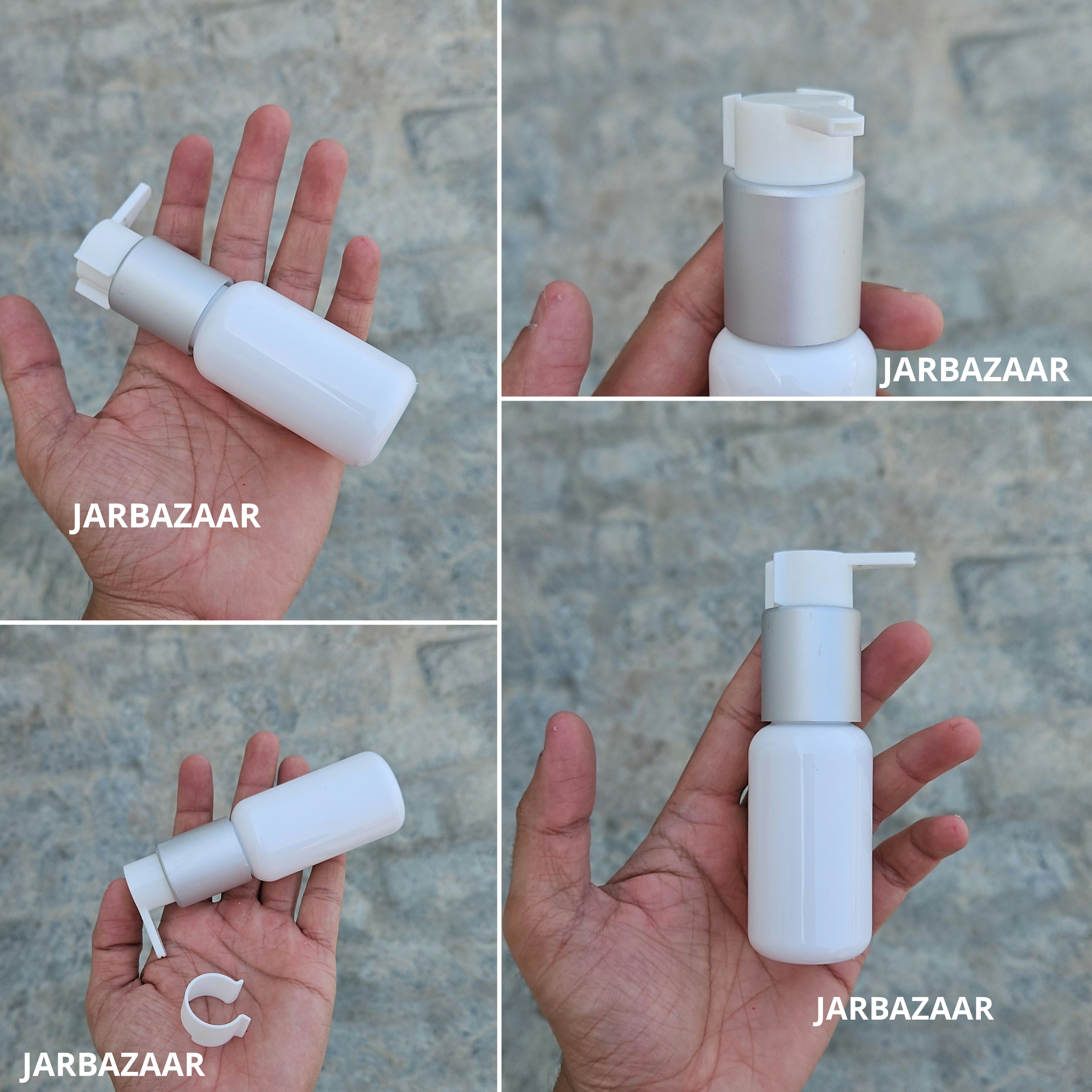 50 Ml Boston White Pet Bottles [ With Fancy Clip Lock Dispenser Pumps ] - Silver Matt White
