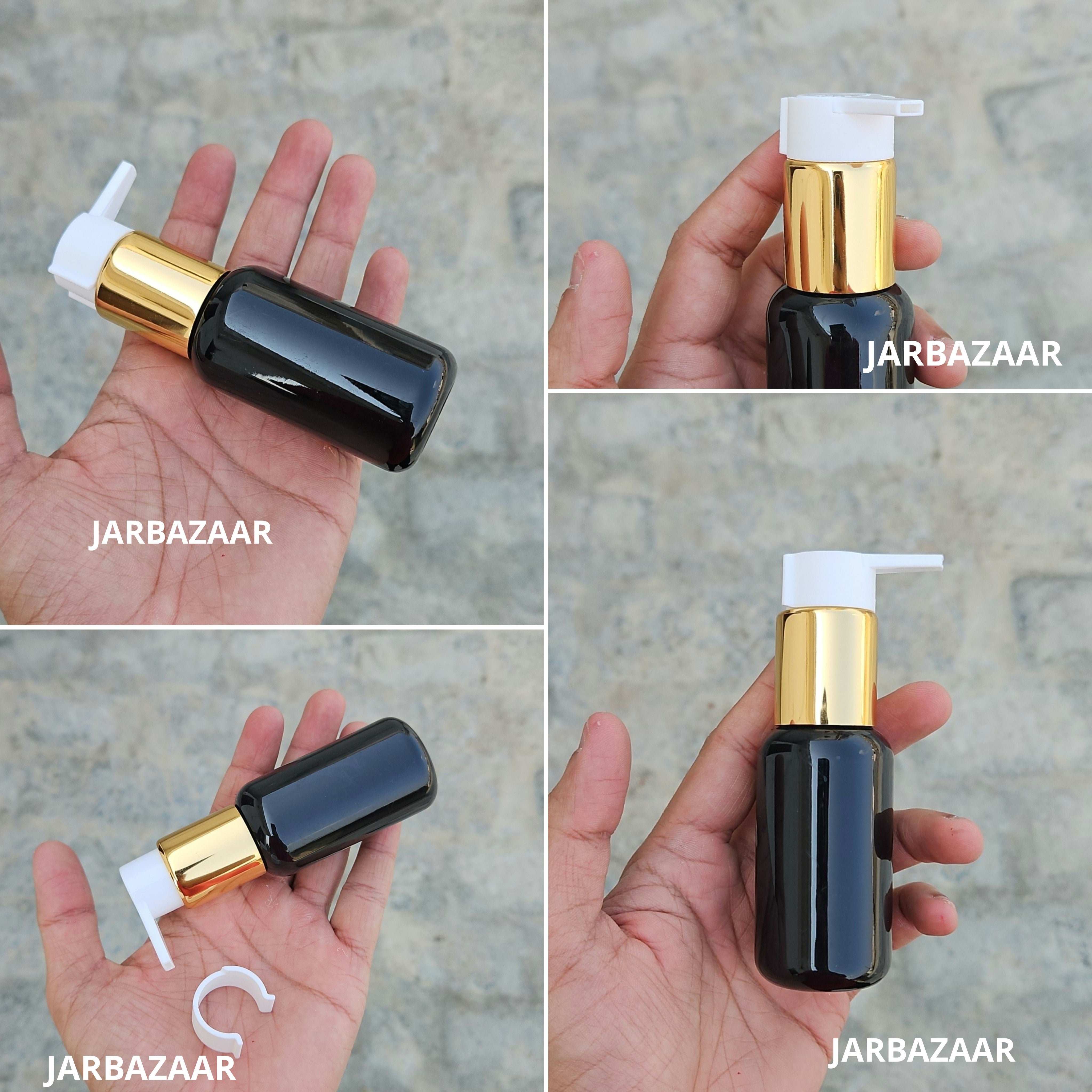 50 Ml Boston Black Pet Bottles [ With Fancy Clip Lock Dispenser Pumps ] - Golden White