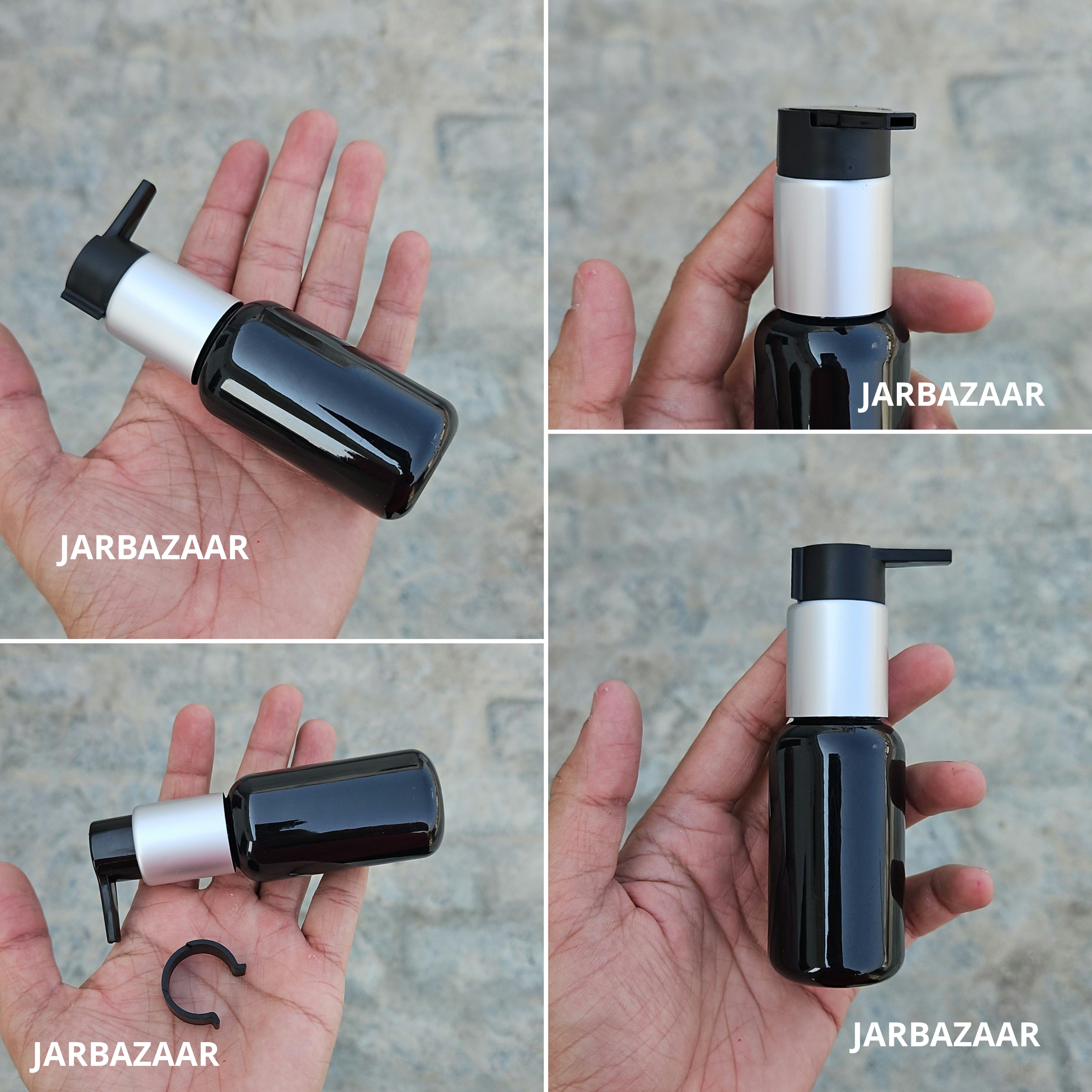 50 Ml Boston Black Pet Bottles [ With Fancy Clip Lock Dispenser Pumps ] - Silver Matt Black