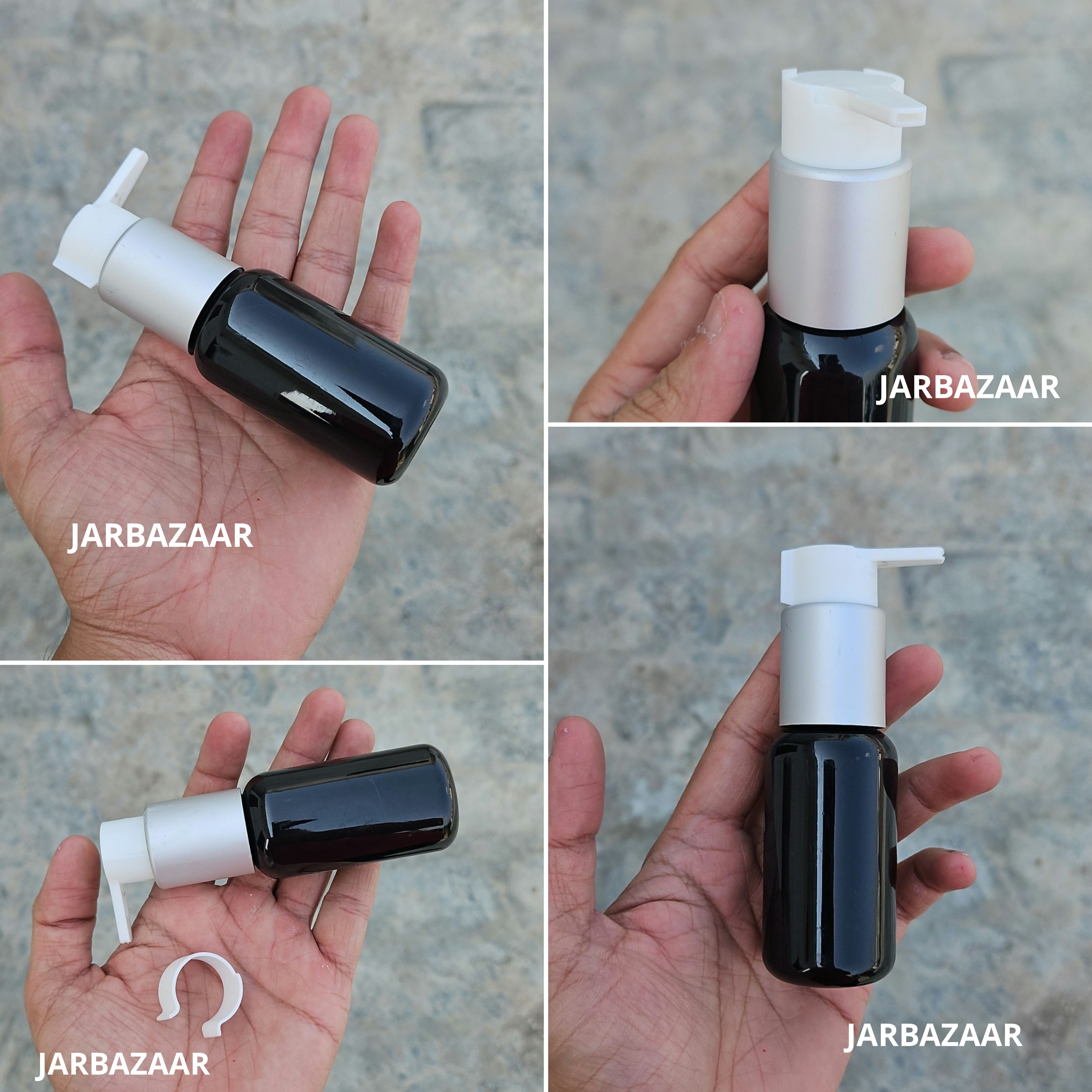50 Ml Boston Black Pet Bottles [ With Fancy Clip Lock Dispenser Pumps ] - Silver Matt White