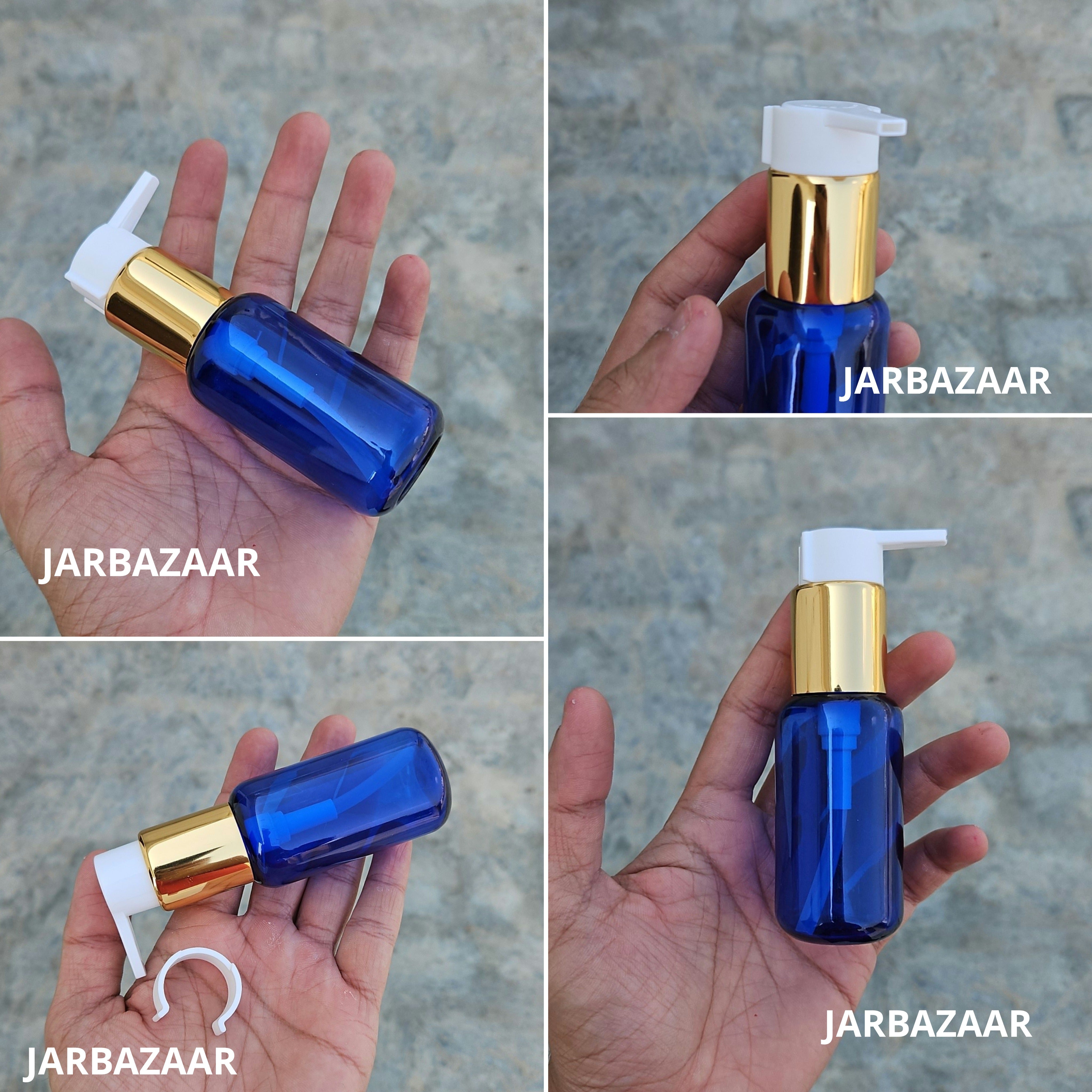 50 Ml Boston Blue Pet Bottles [ With Fancy Clip Lock Dispenser Pumps ] - Golden White