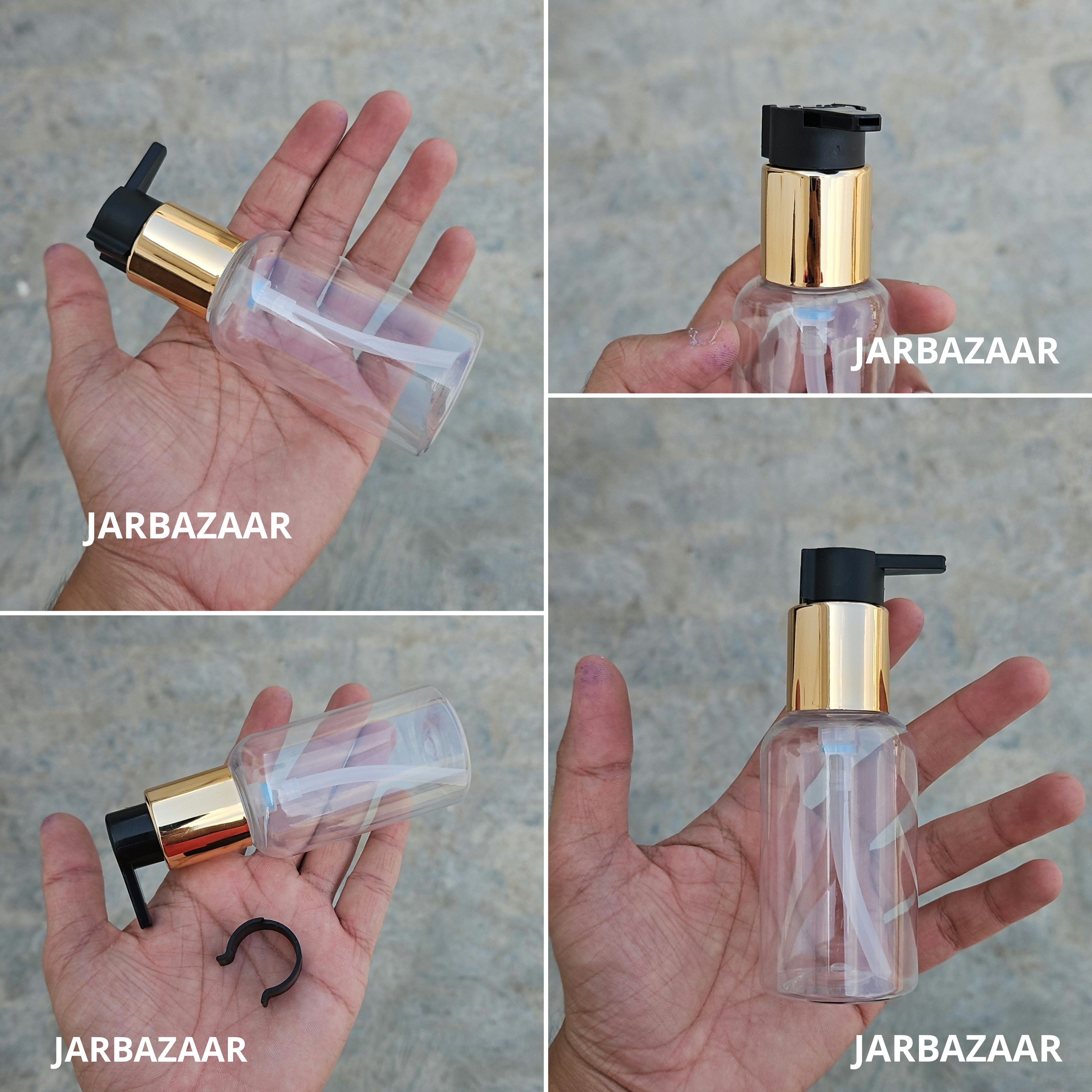 100 Ml Boston Transparent Pet Bottles [ With Fancy Clip Lock Dispenser Pumps ] - Golden Black
