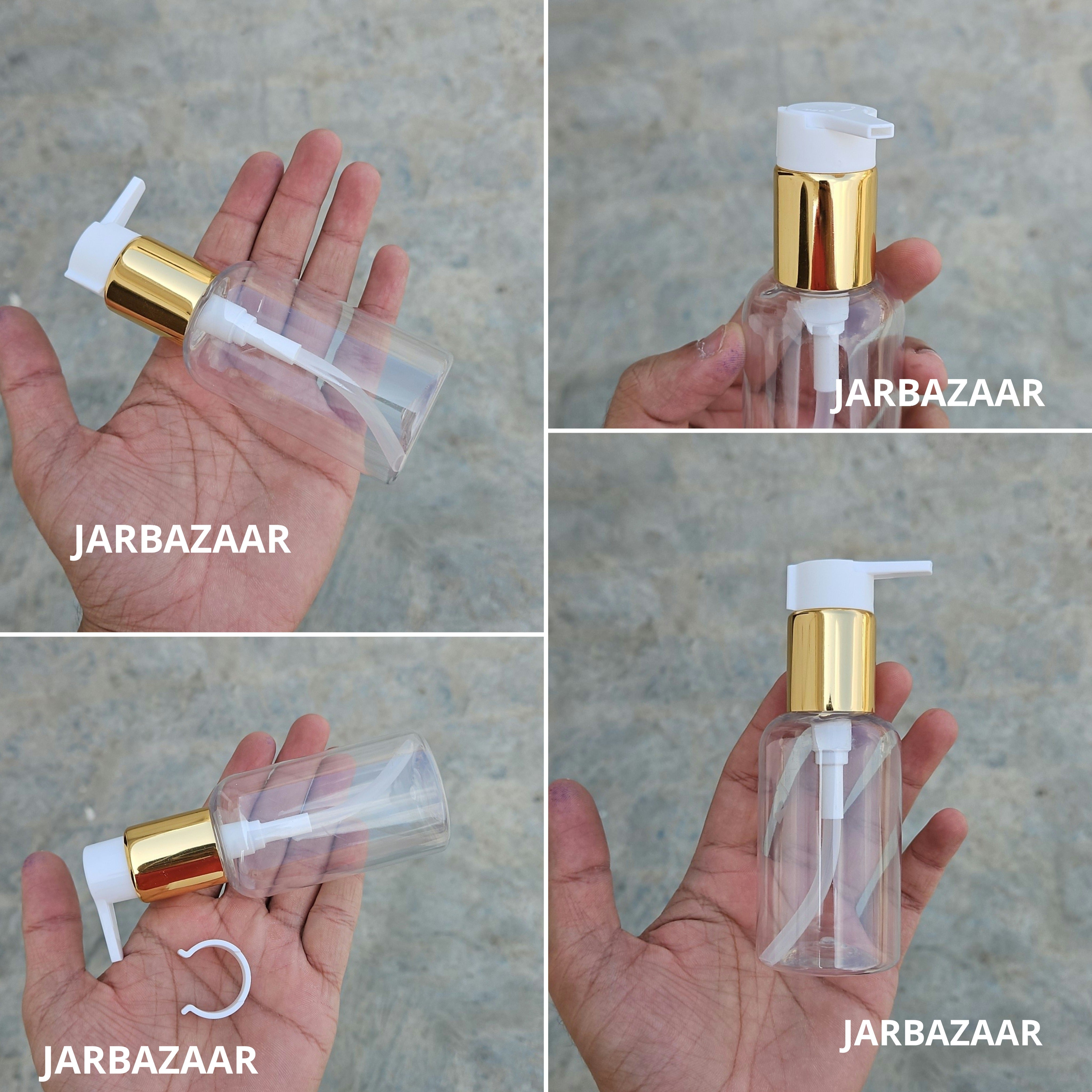 100 Ml Boston Transparent Pet Bottles [ With Fancy Clip Lock Dispenser Pumps ] - Golden White