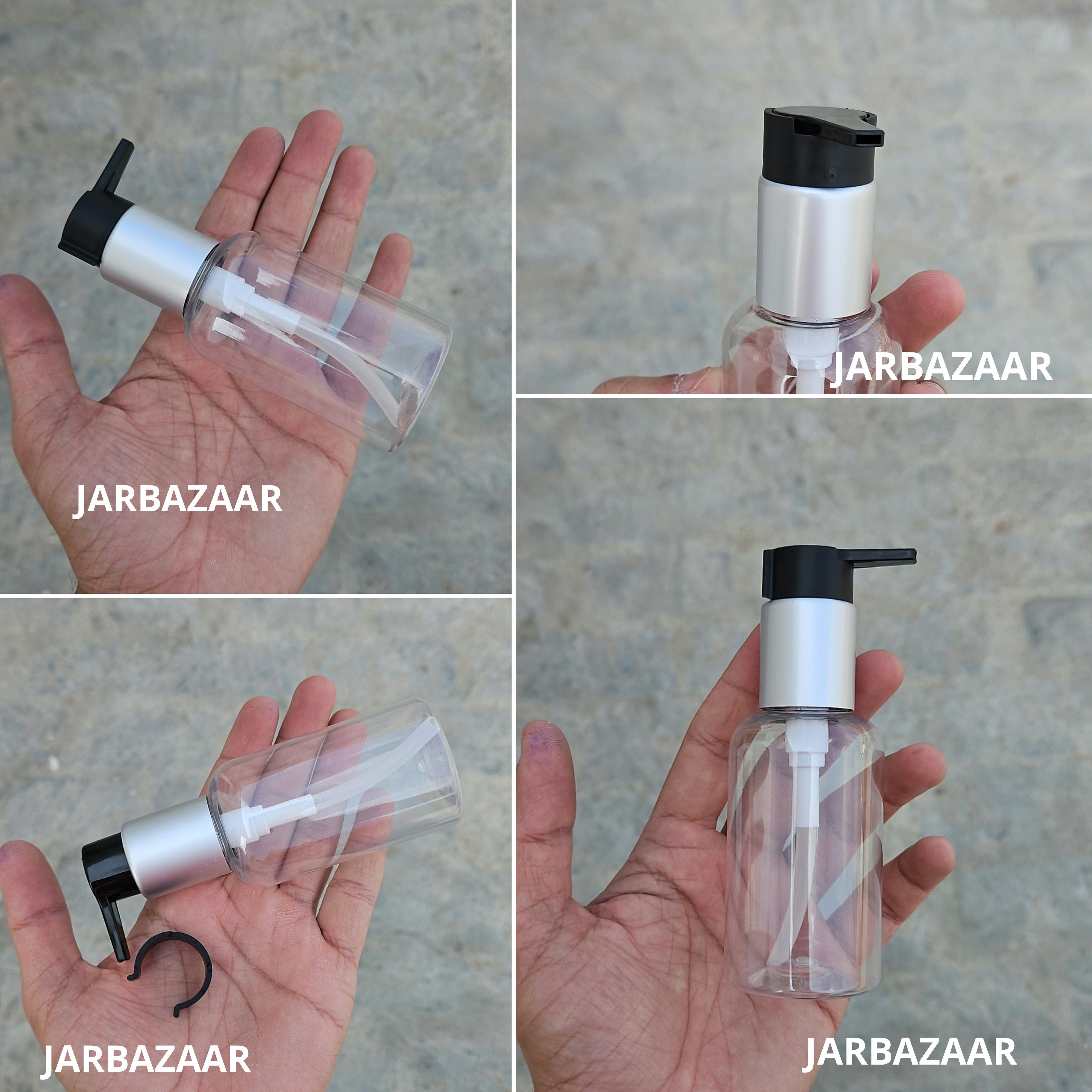 100 Ml Boston Transparent Pet Bottles [ With Fancy Clip Lock Dispenser Pumps ] - Silver Matt Black