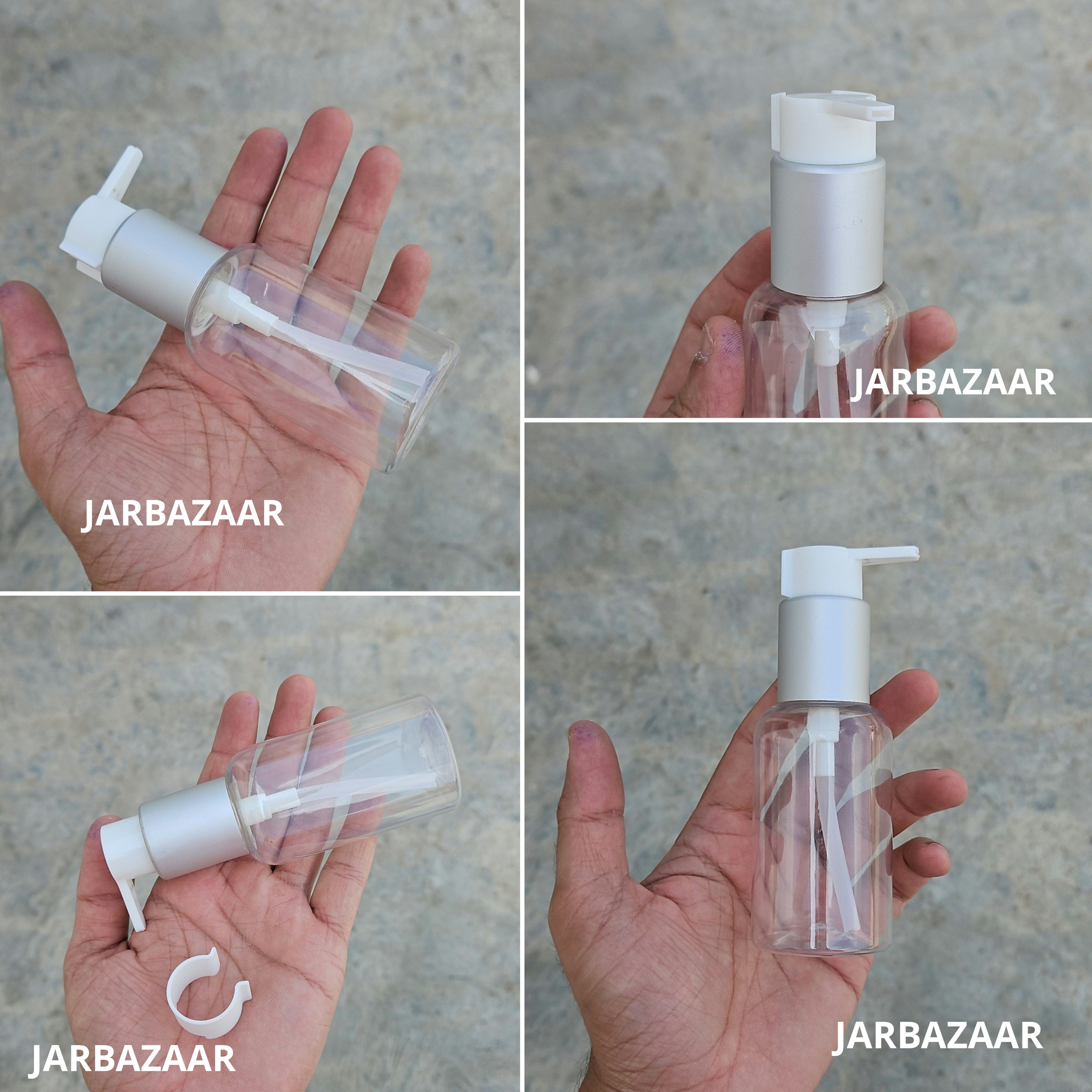 100 Ml Boston Transparent Pet Bottles [ With Fancy Clip Lock Dispenser Pumps ] - Silver Matt White
