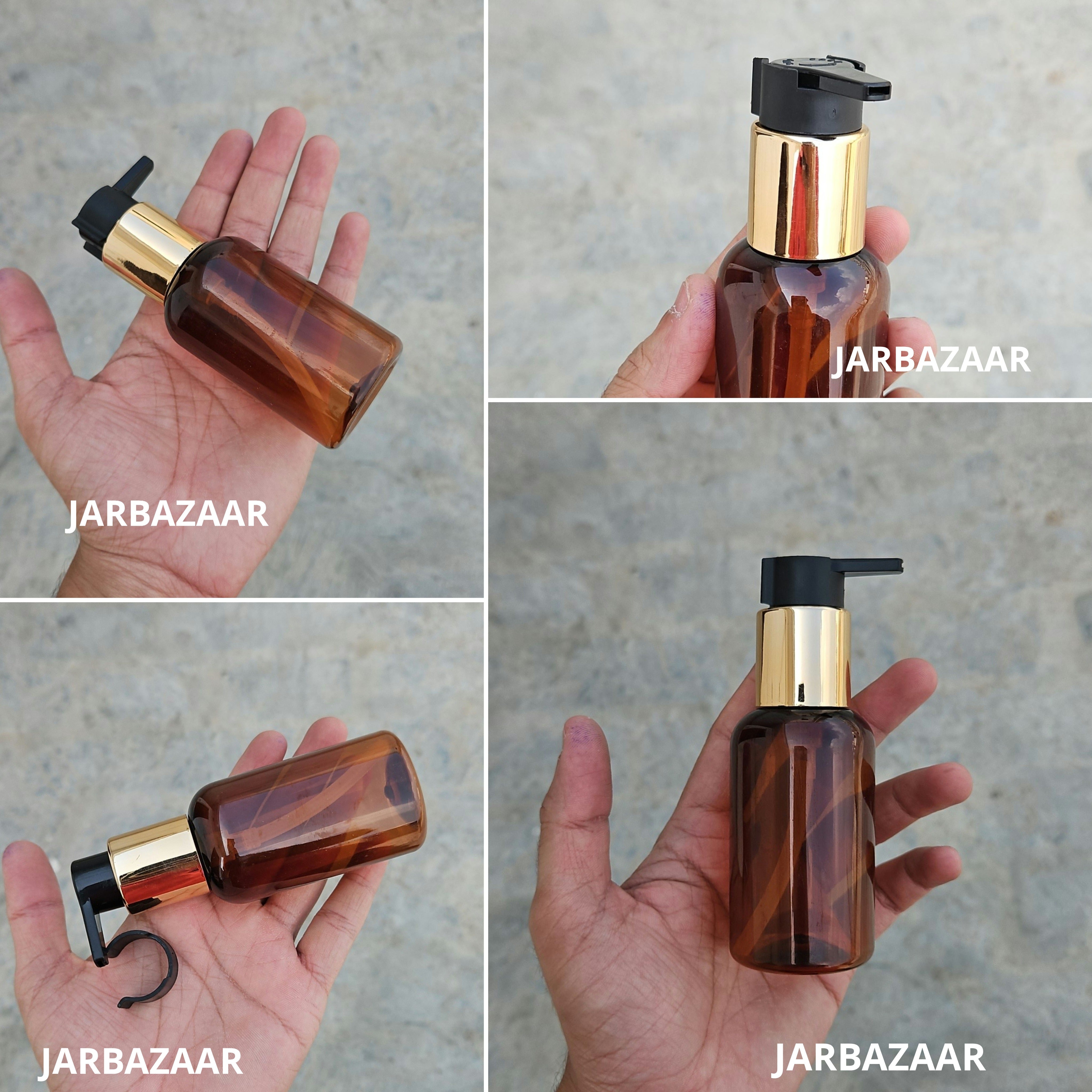 100 Ml Boston Amber Pet Bottles [ With Fancy Clip Lock Dispenser Pumps ] - Golden Black