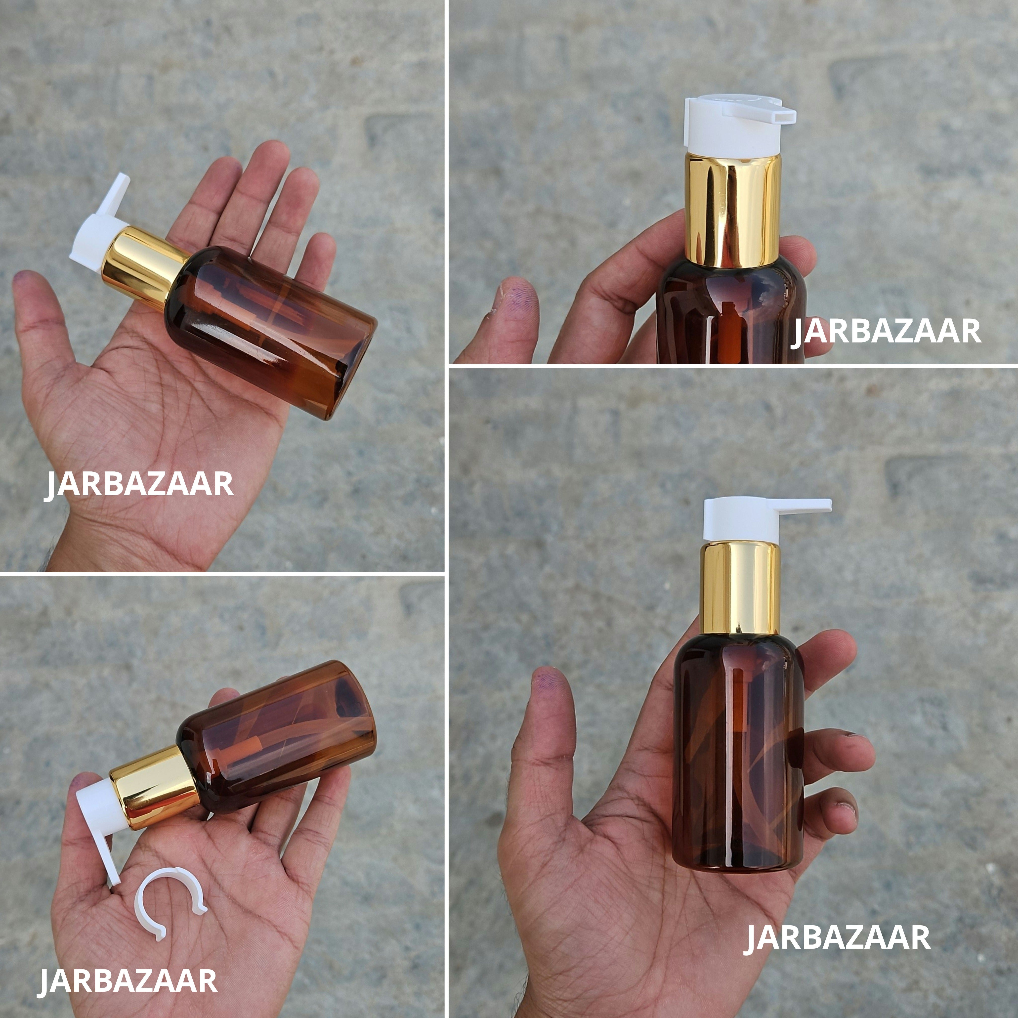 100 Ml Boston Amber Pet Bottles [ With Fancy Clip Lock Dispenser Pumps ] - Golden White