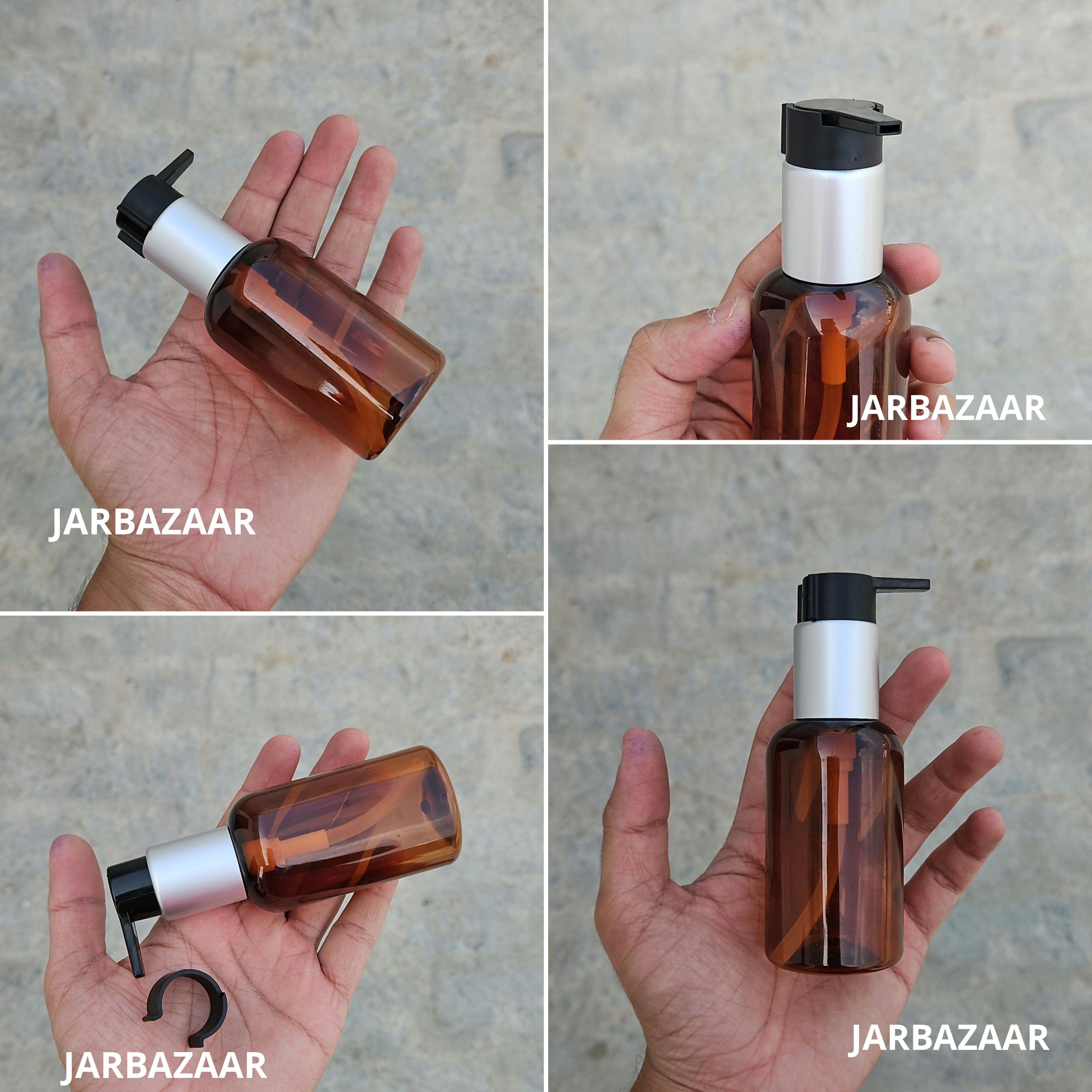 100 Ml Boston Amber Pet Bottles [ With Fancy Clip Lock Dispenser Pumps ] - Silver Matt Black