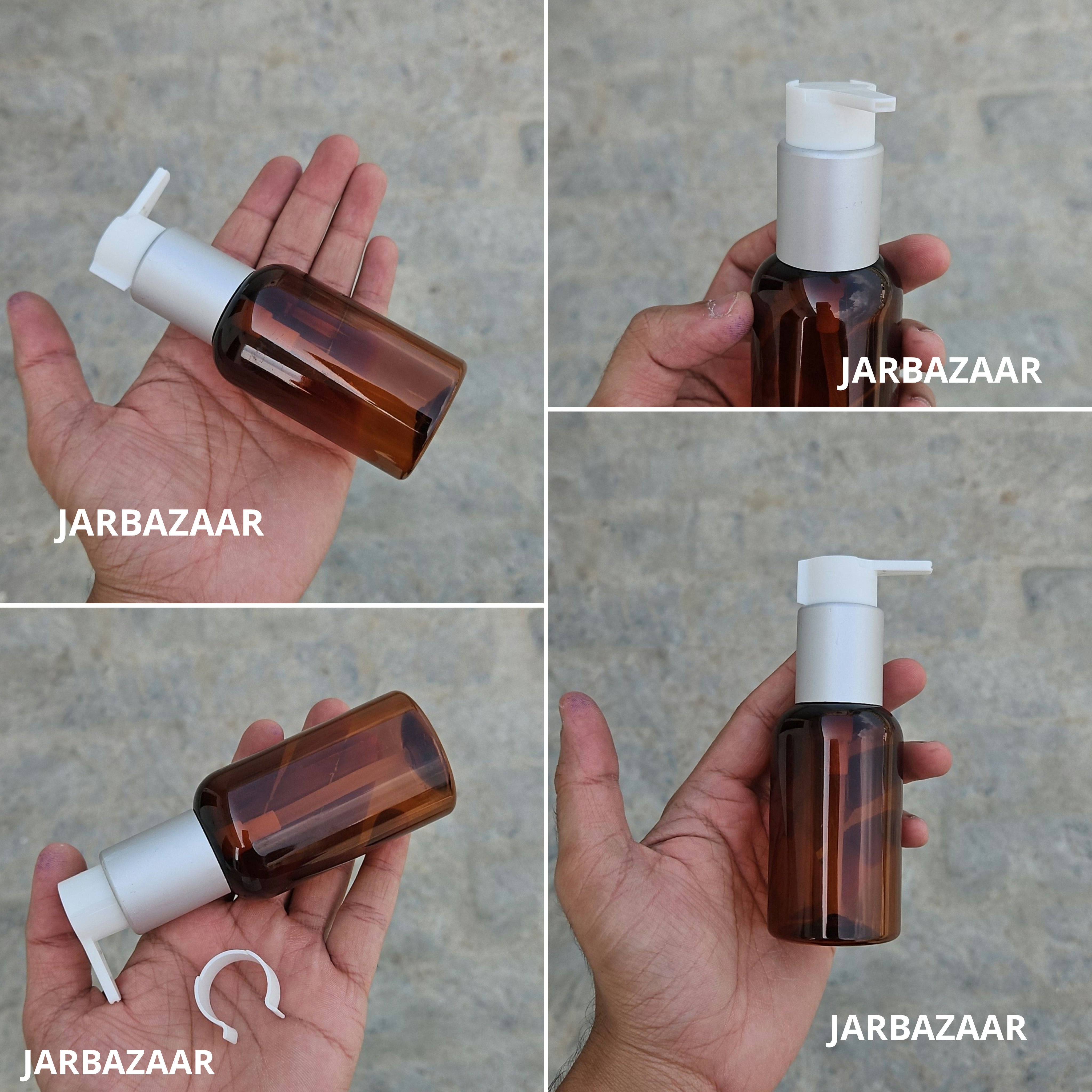 100 Ml Boston Amber Pet Bottles [ With Fancy Clip Lock Dispenser Pumps ] - Silver Matt White