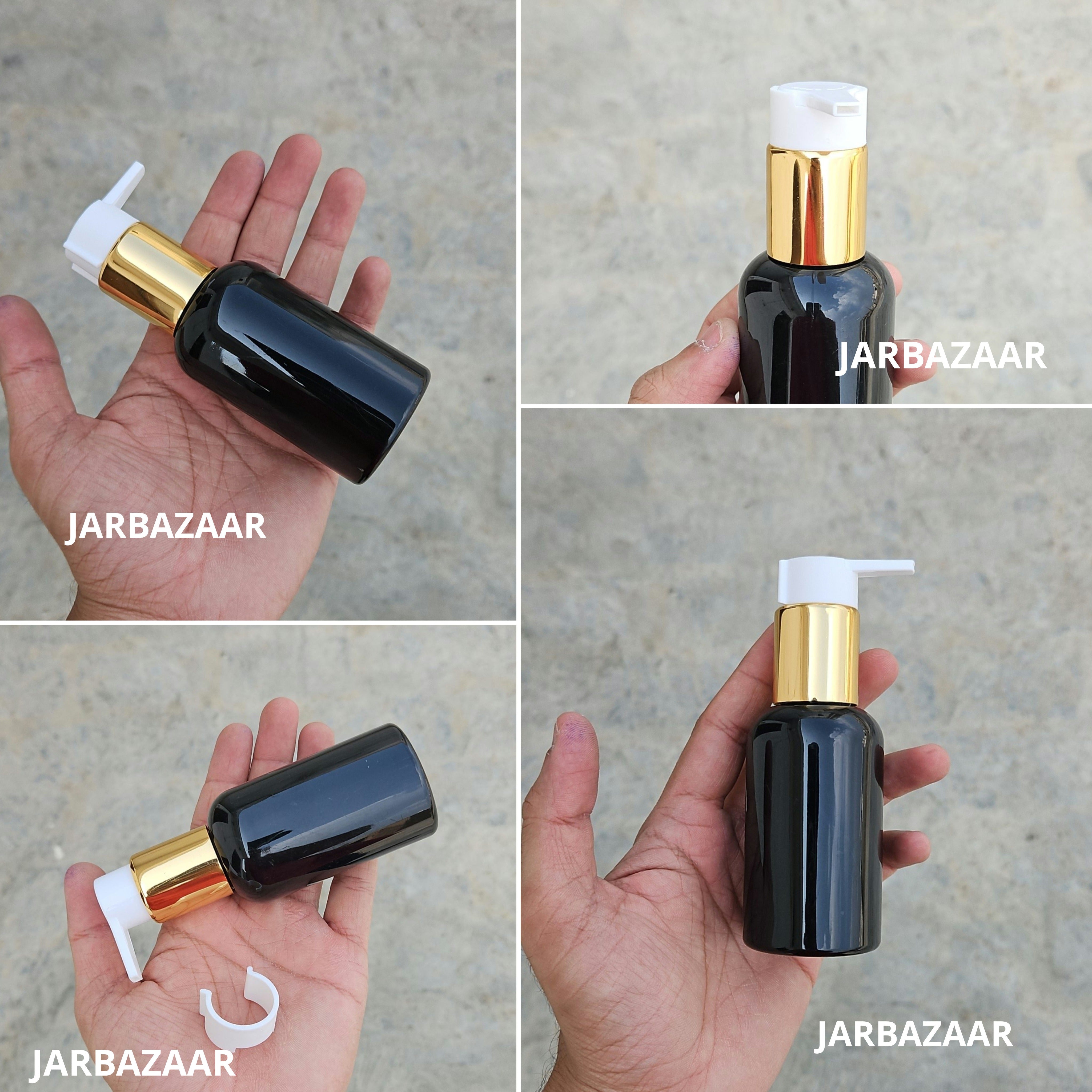 100 Ml Boston Black Pet Bottles [ With Fancy Clip Lock Dispenser Pumps ] - Golden White