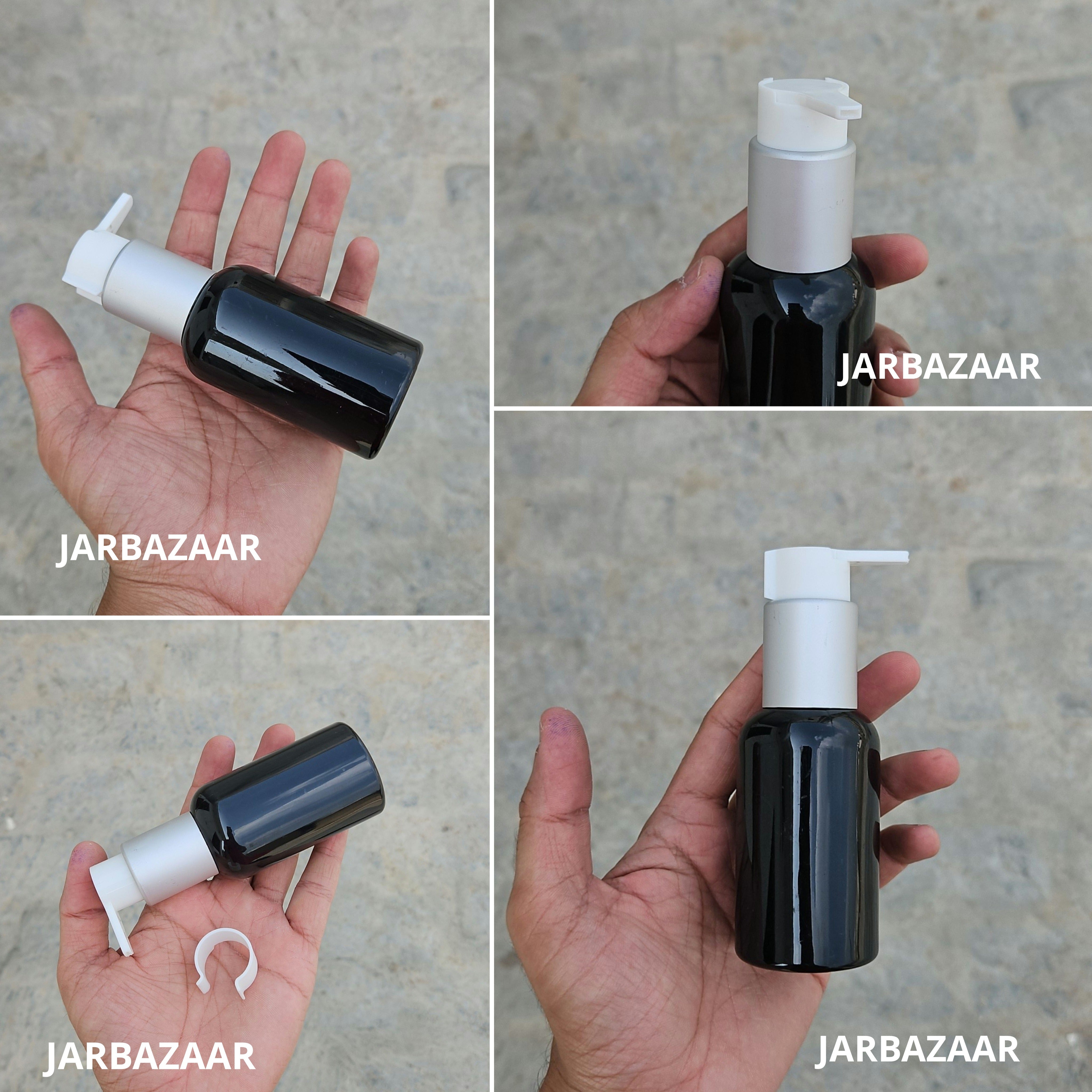 100 Ml Boston Black Pet Bottles [ With Fancy Clip Lock Dispenser Pumps ] - Silver Matt White
