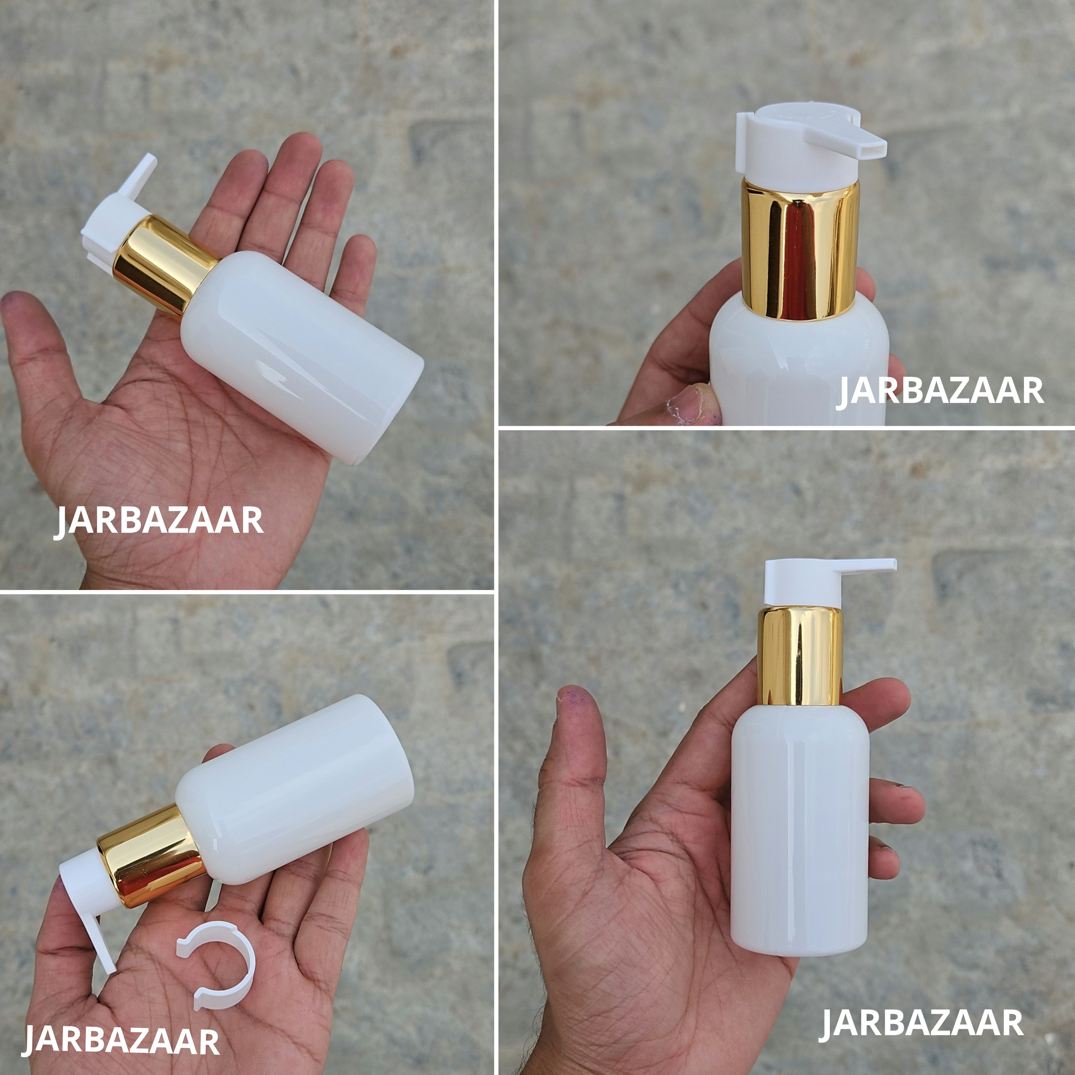 100 Ml Boston White Pet Bottles [ With Fancy Clip Lock Dispenser Pumps ] - Golden White