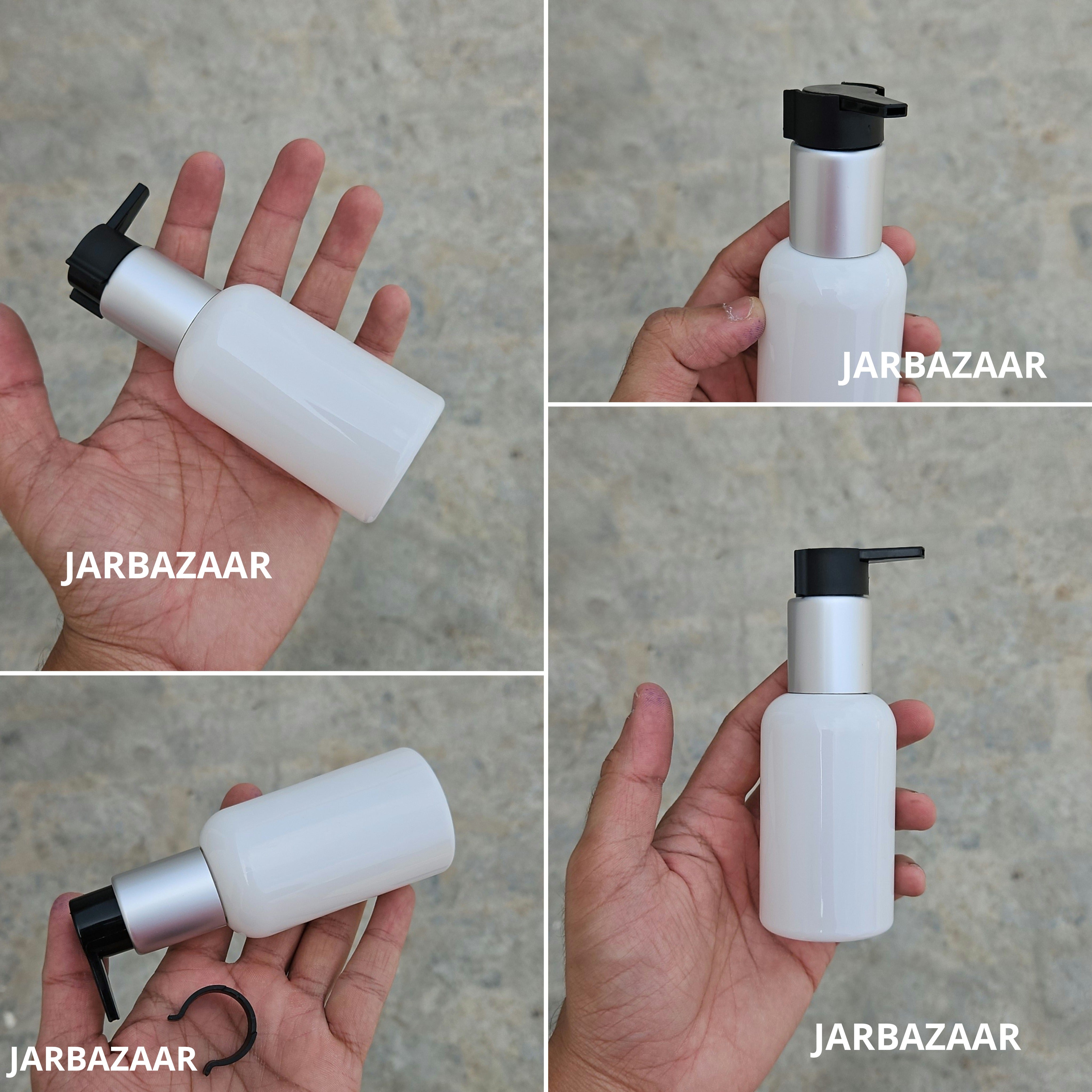 100 Ml Boston White Pet Bottles [ With Fancy Clip Lock Dispenser Pumps ] - Silver Matt Black