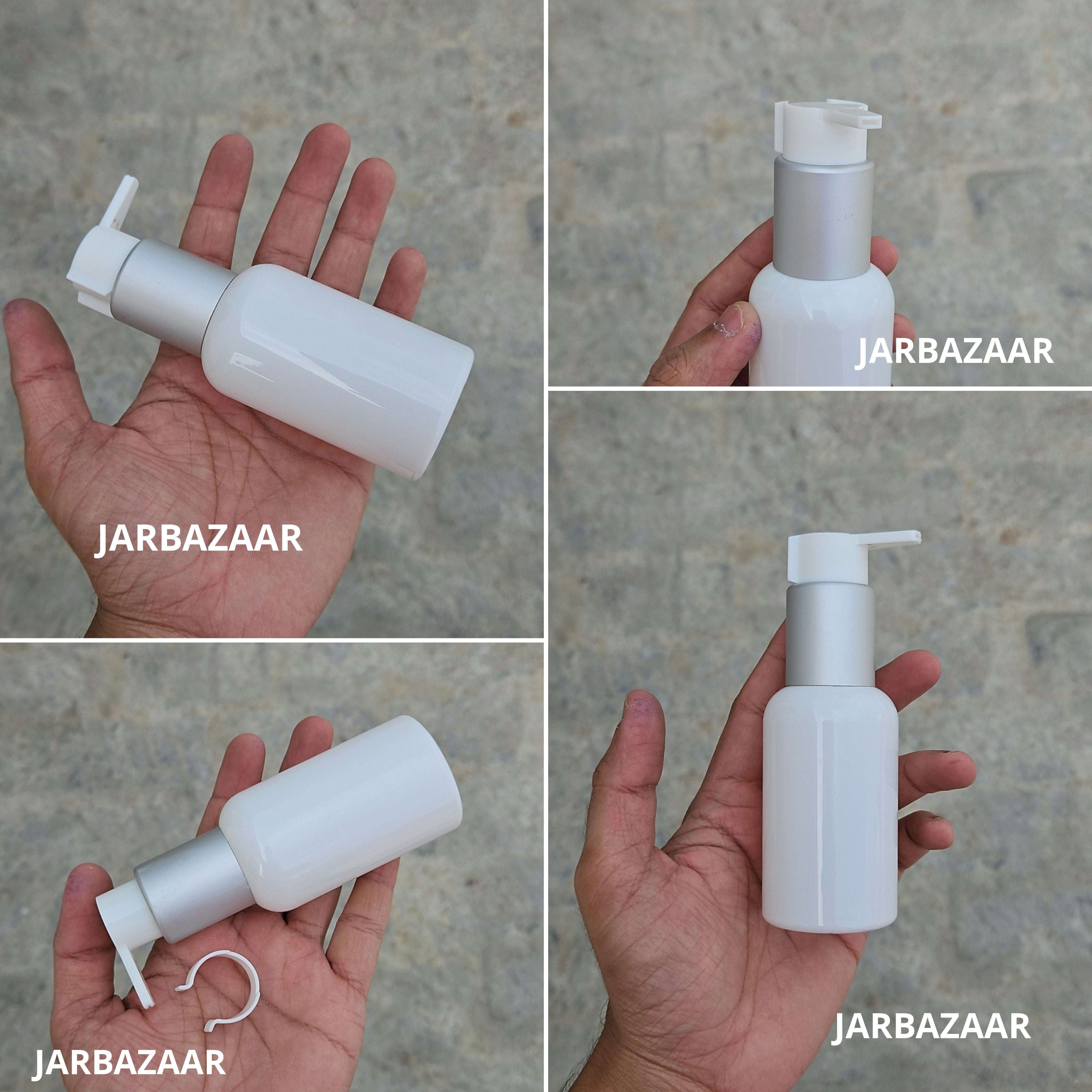 100 Ml Boston White Pet Bottles [ With Fancy Clip Lock Dispenser Pumps ] - Silver Matt White