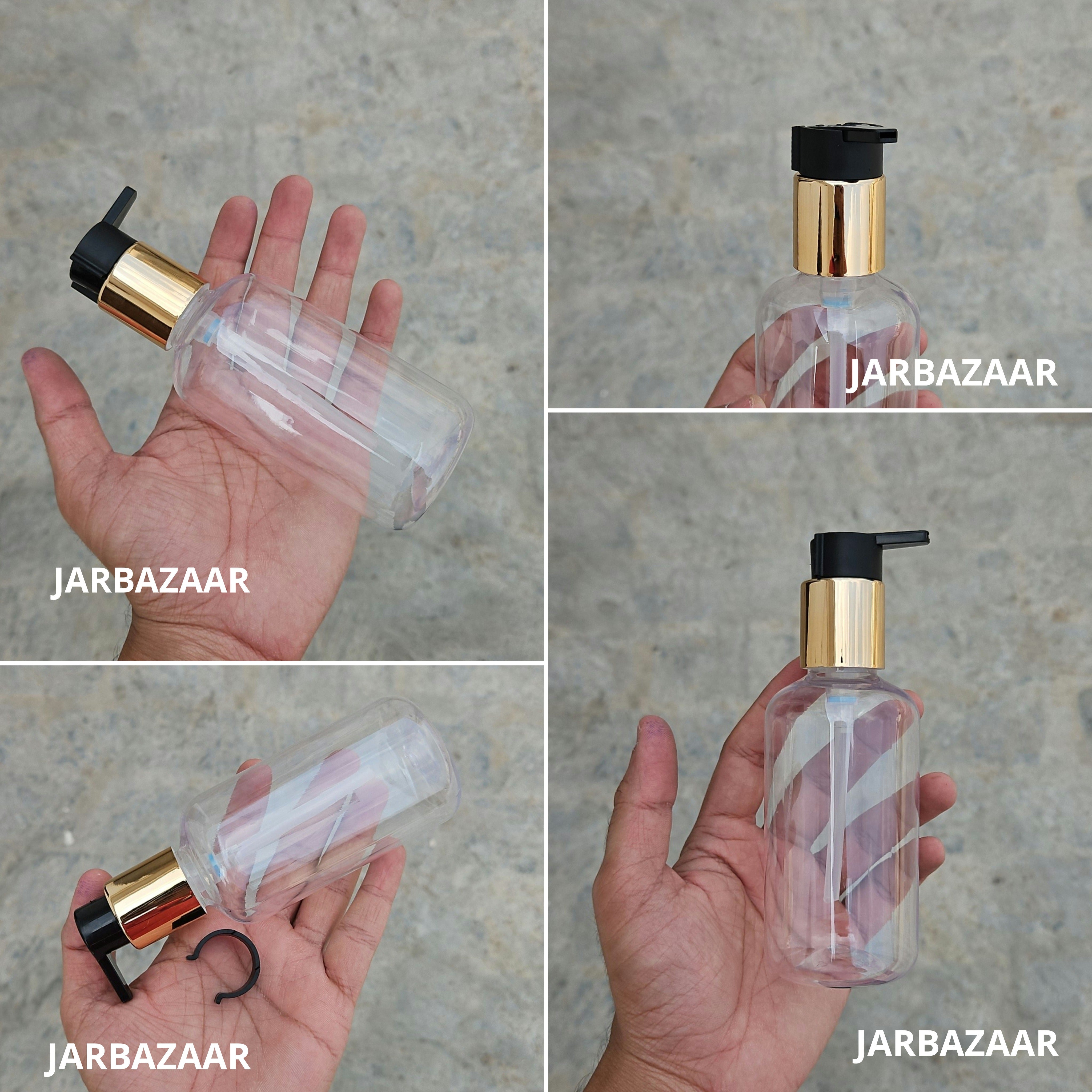 200 Ml Boston Transparent Pet Bottles [ With Fancy Clip Lock Dispenser Pumps ] - Golden Black