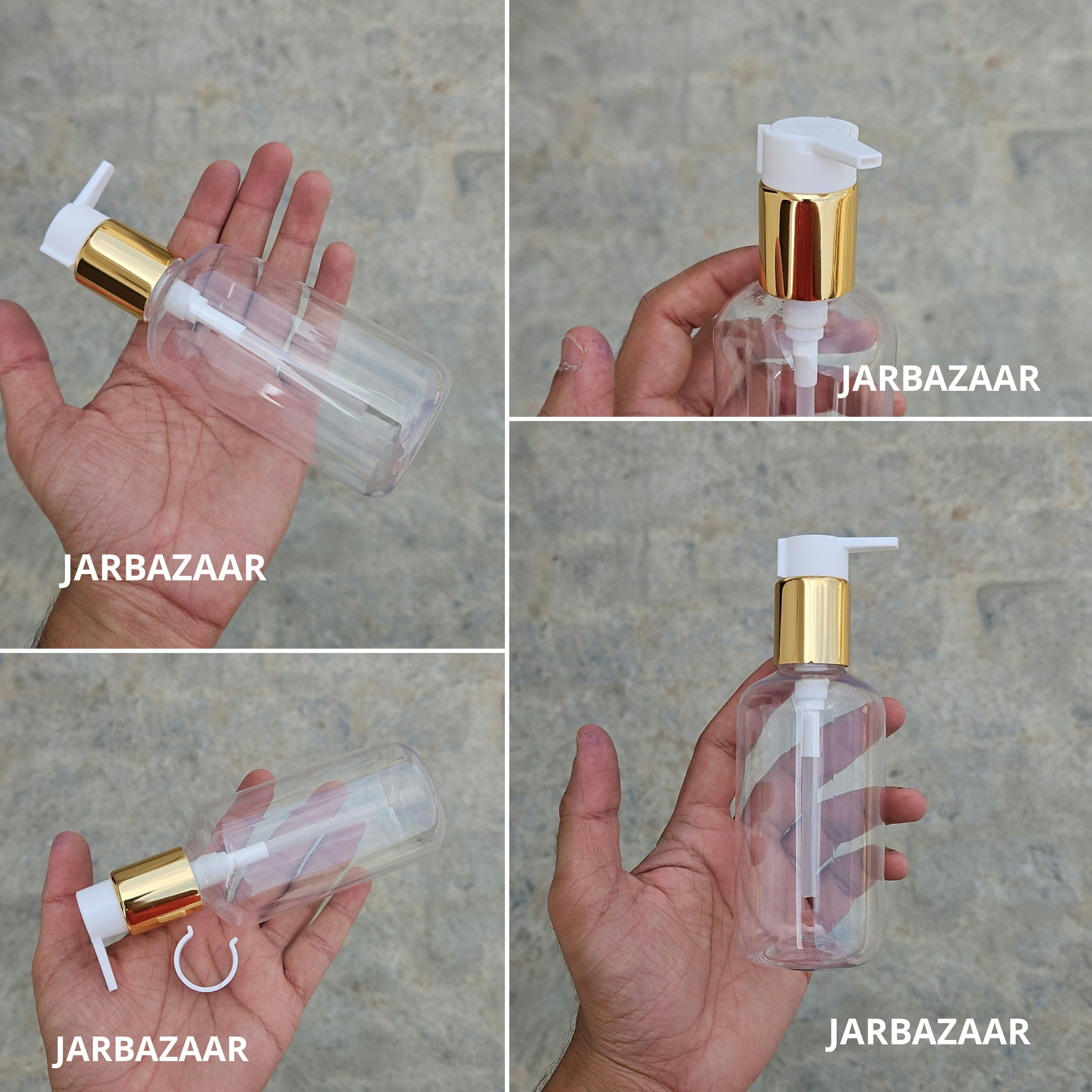 200 Ml Boston Transparent Pet Bottles [ With Fancy Clip Lock Dispenser Pumps ] - Golden White