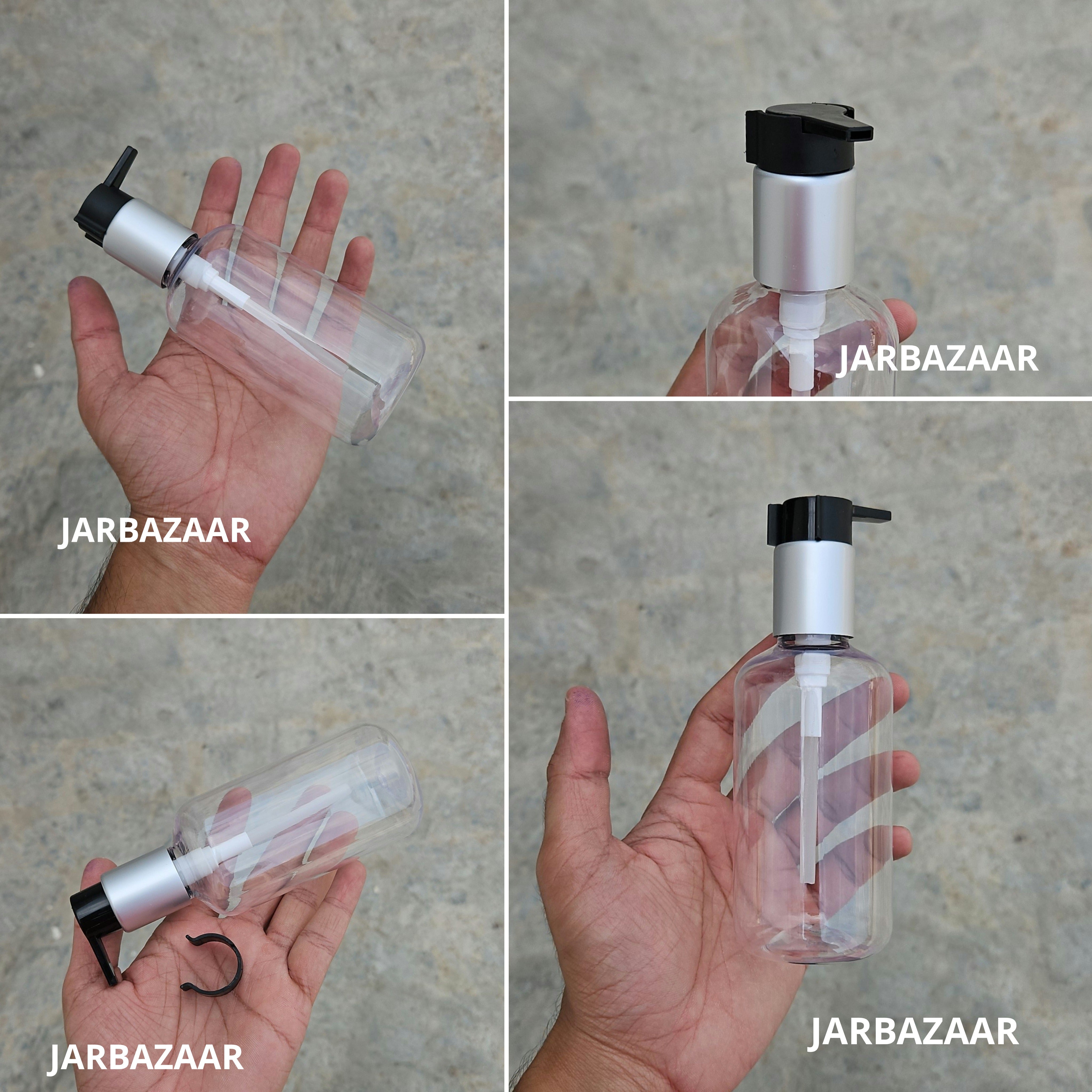 200 Ml Boston Transparent Pet Bottles [ With Fancy Clip Lock Dispenser Pumps ] - Silver Matt Black