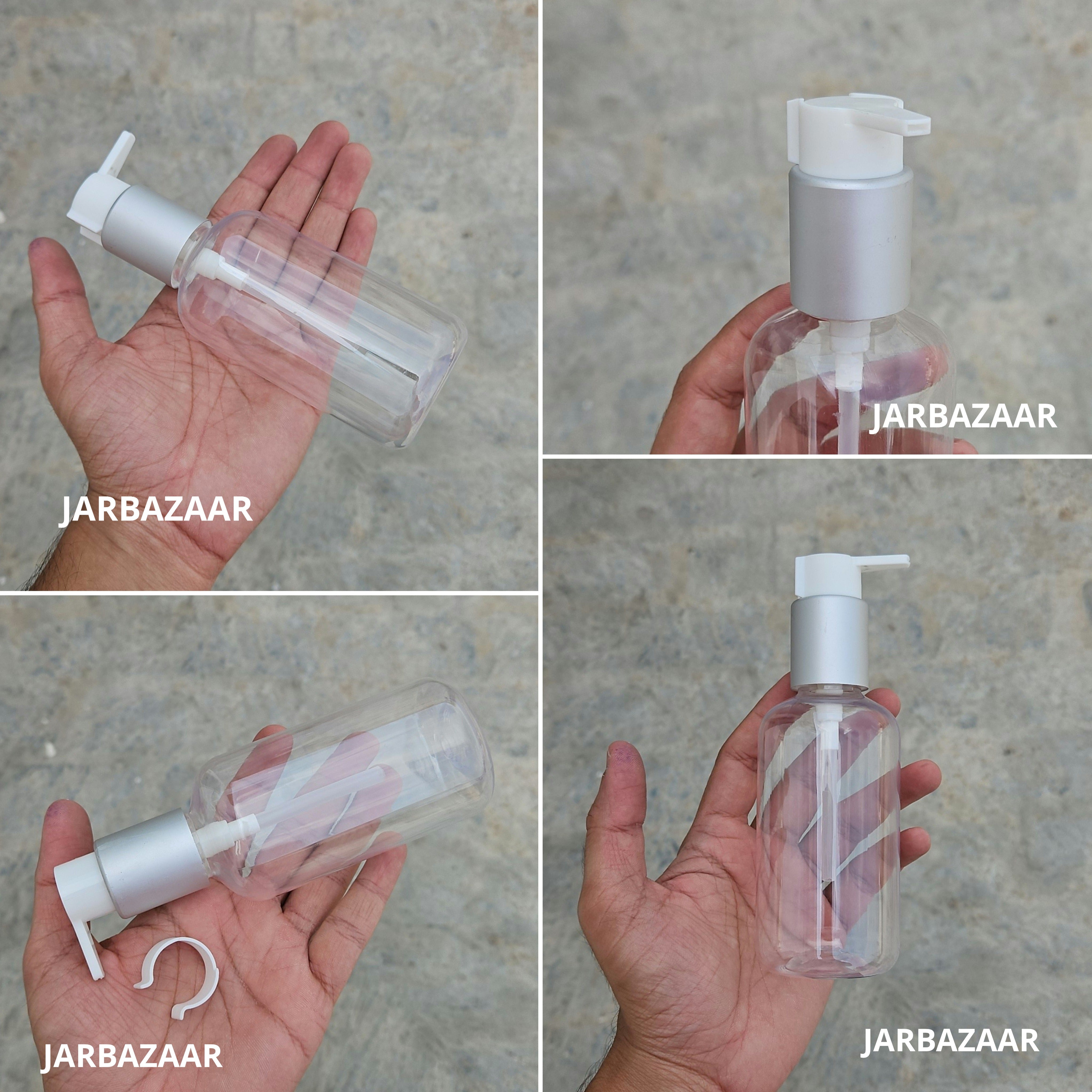 200 Ml Boston Transparent Pet Bottles [ With Fancy Clip Lock Dispenser Pumps ] - Silver Matt White