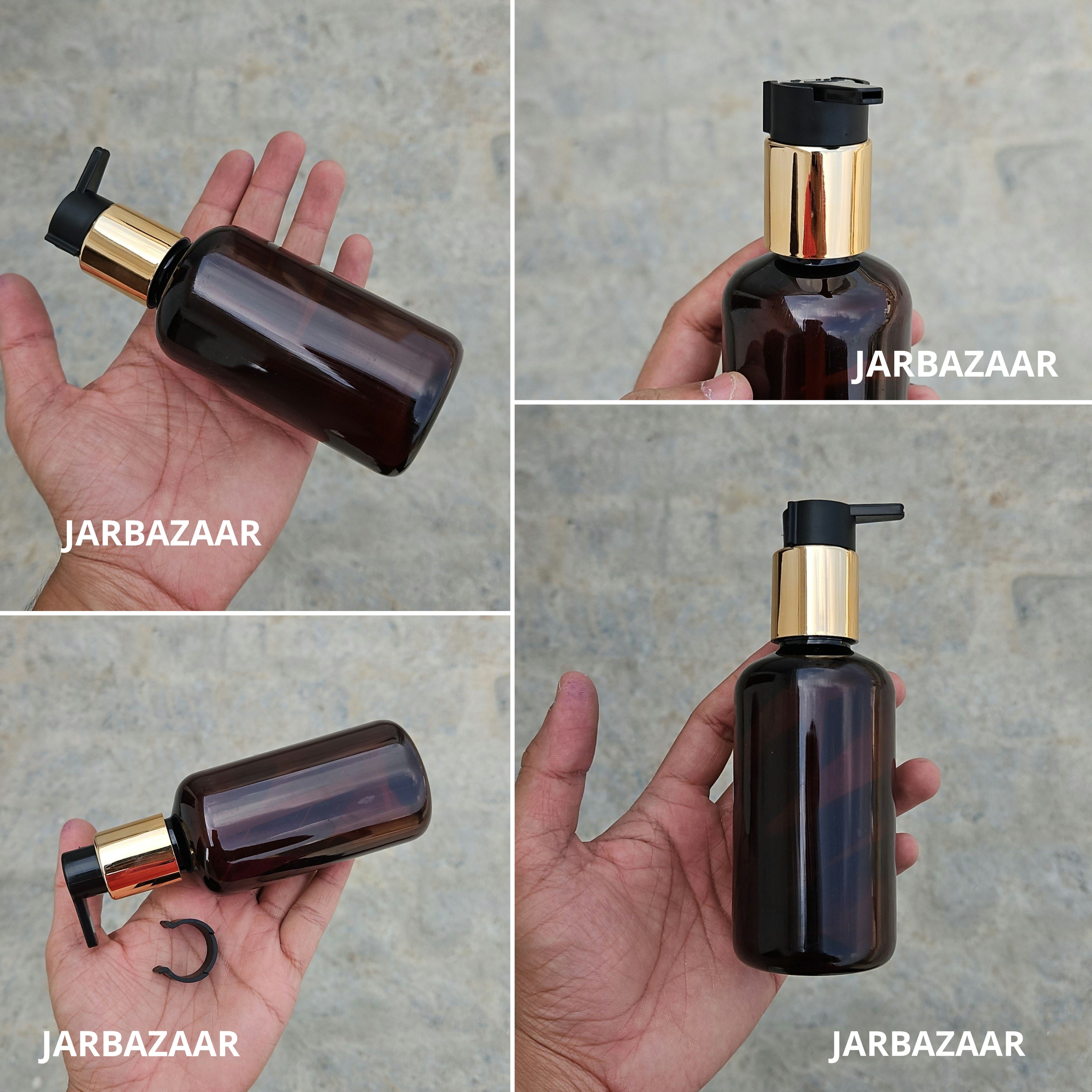 200 Ml Boston Amber Pet Bottles [ With Fancy Clip Lock Dispenser Pumps ] - Golden Black
