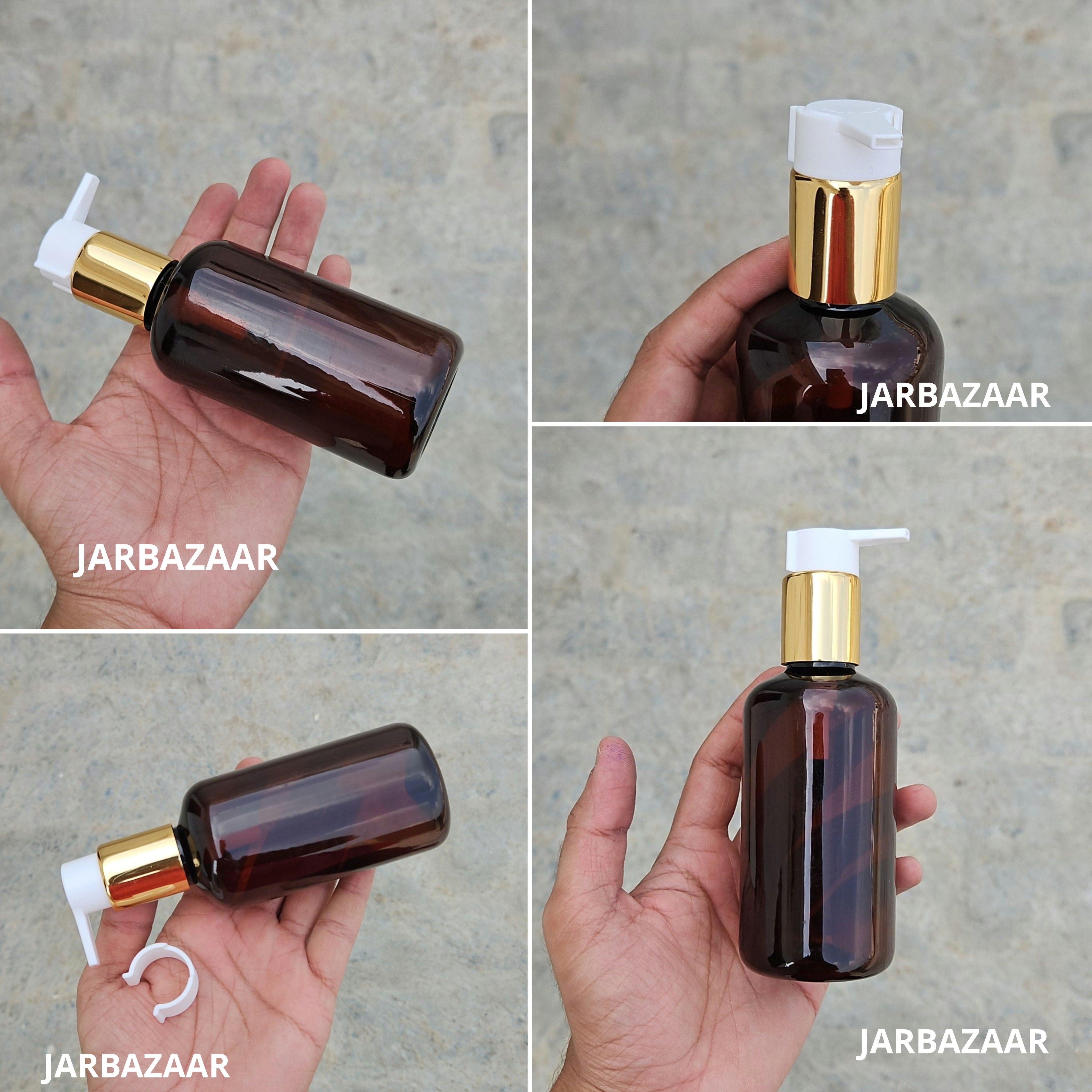 200 Ml Boston Amber Pet Bottles [ With Fancy Clip Lock Dispenser Pumps ] - Golden White