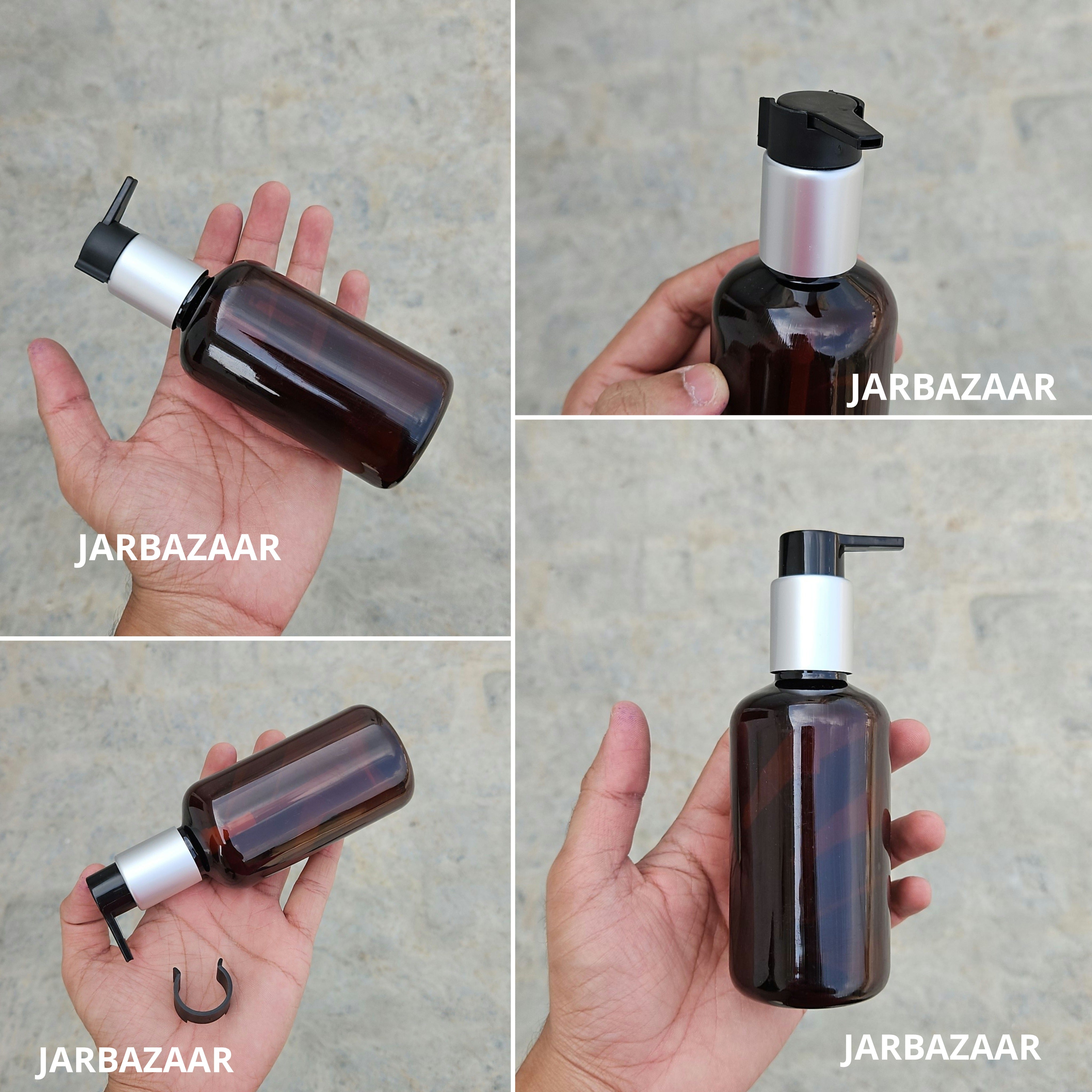 200 Ml Boston Amber Pet Bottles [ With Fancy Clip Lock Dispenser Pumps ] - Silver Matt Black