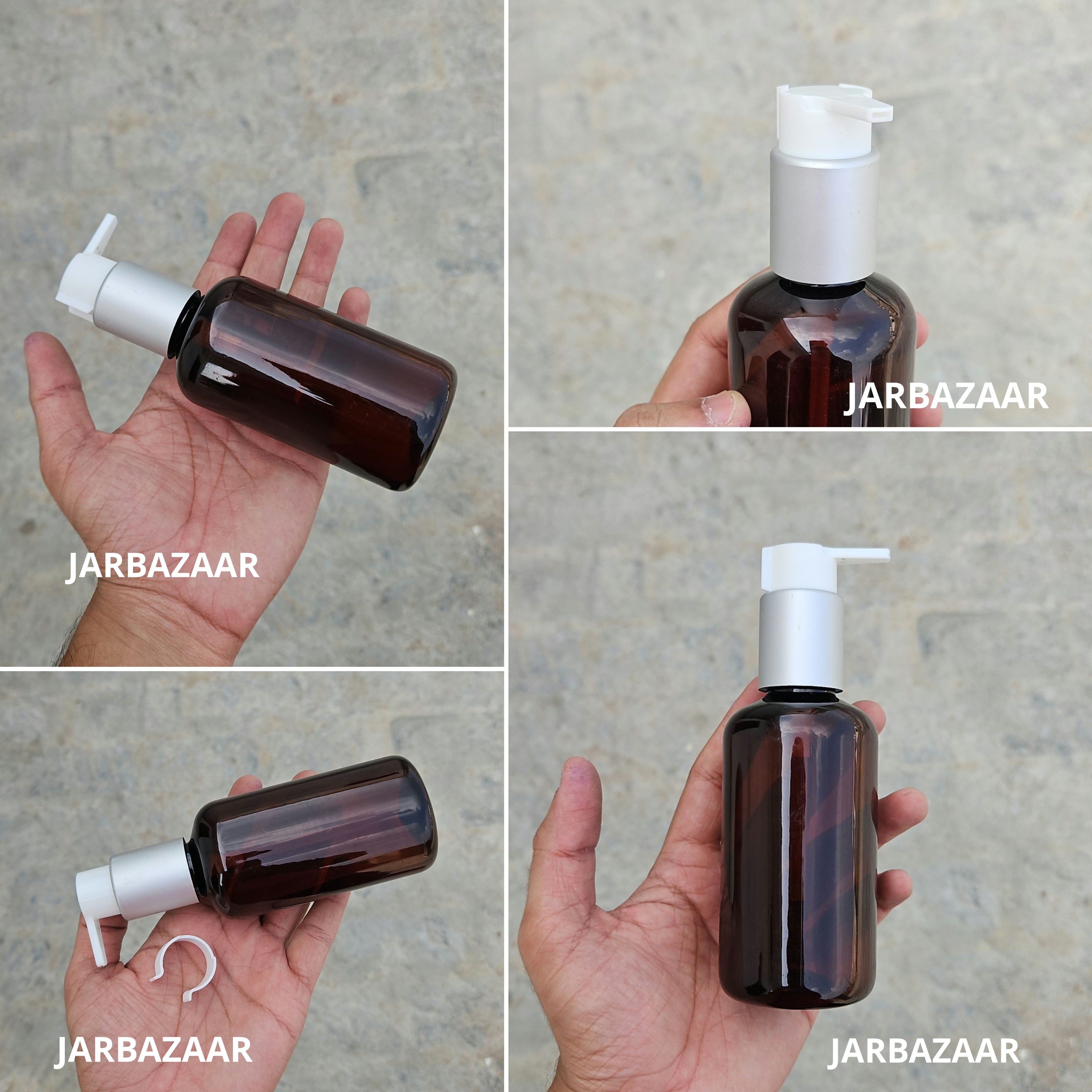200 Ml Boston Amber Pet Bottles [ With Fancy Clip Lock Dispenser Pumps ] - Silver Matt White