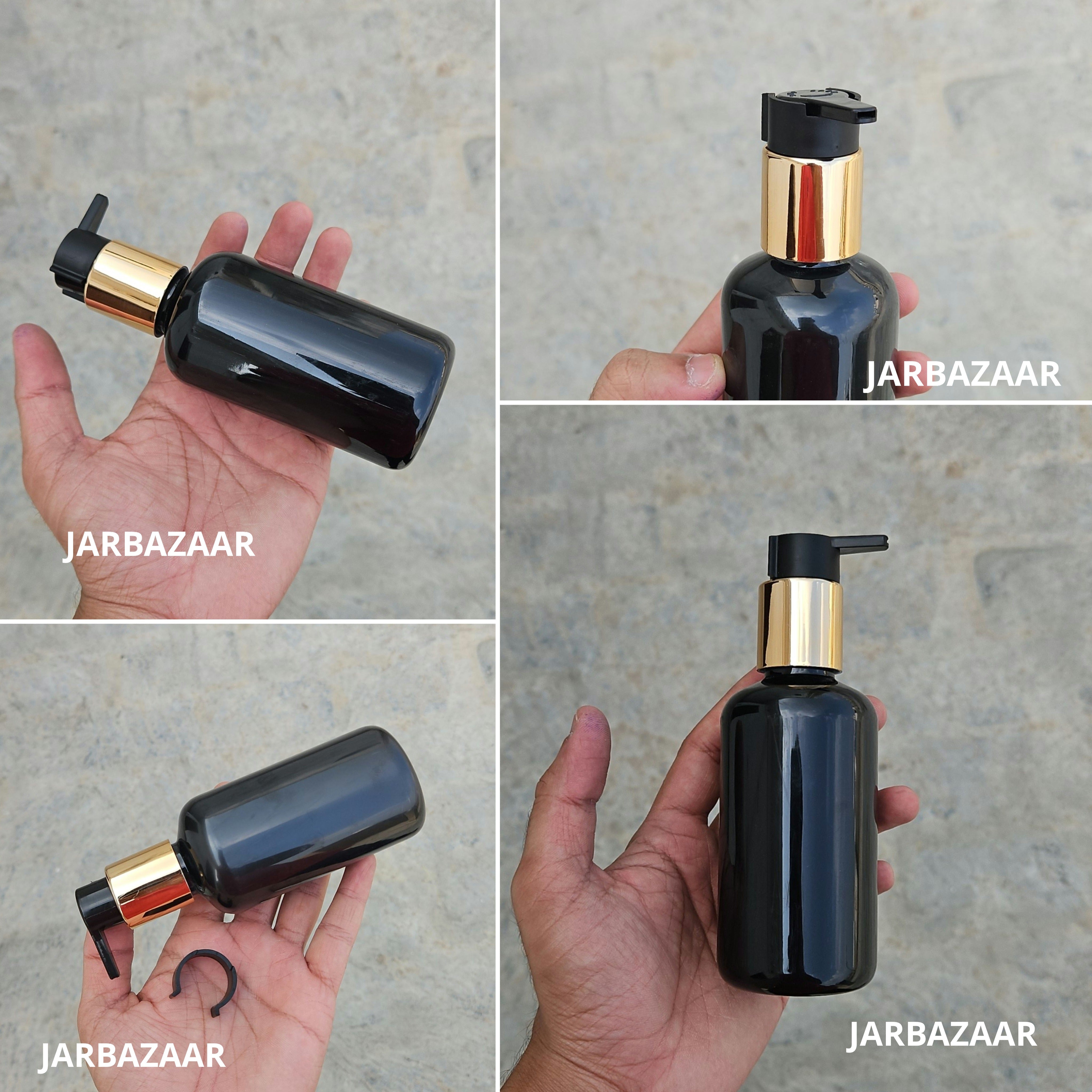 200 Ml Boston Black Pet Bottles [ With Fancy Clip Lock Dispenser Pumps ] - Golden Black