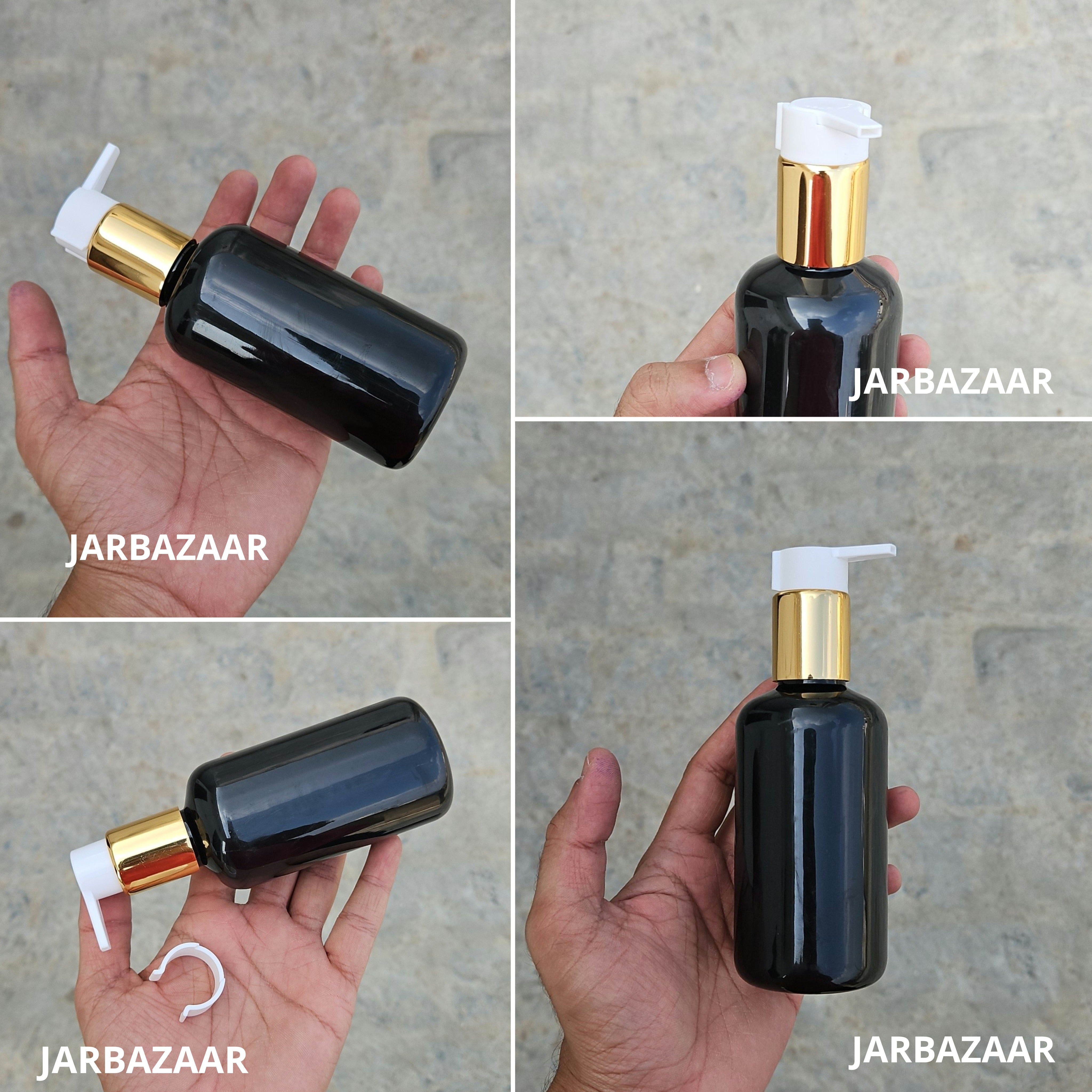 200 Ml Boston Black Pet Bottles [ With Fancy Clip Lock Dispenser Pumps ] - Golden White