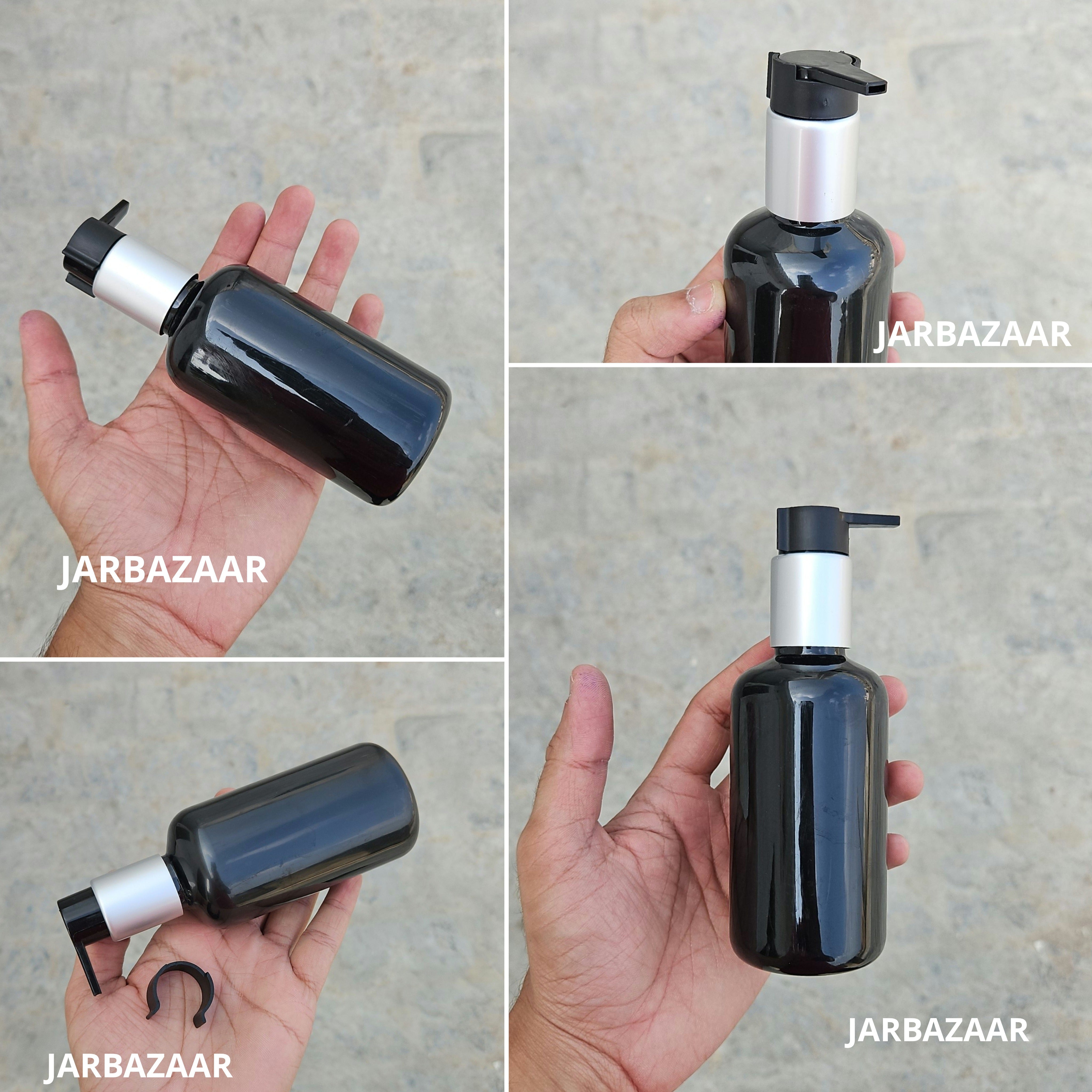 200 Ml Boston Black Pet Bottles [ With Fancy Clip Lock Dispenser Pumps ] - Silver Matt Black