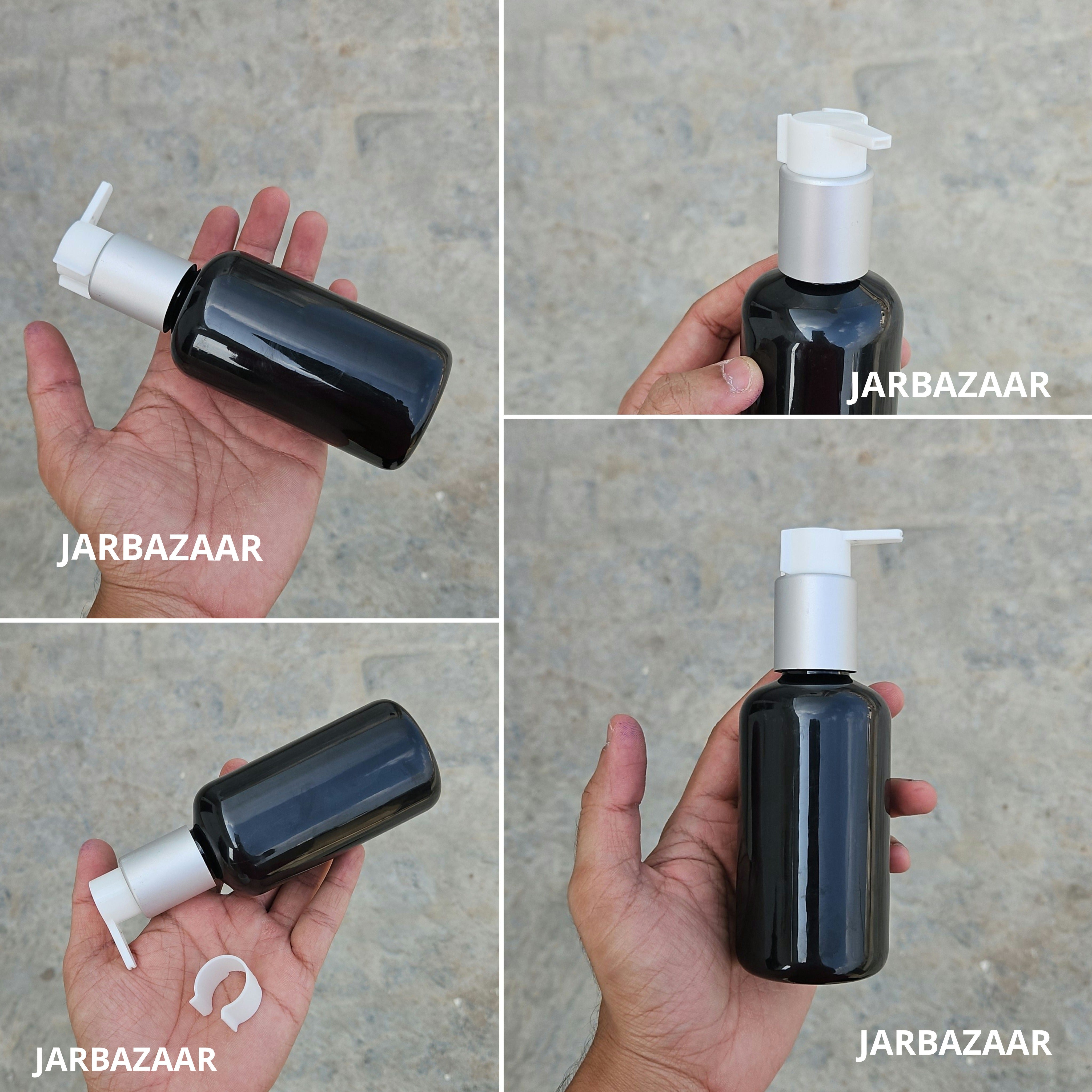 200 Ml Boston Black Pet Bottles [ With Fancy Clip Lock Dispenser Pumps ] - Silver Matt White