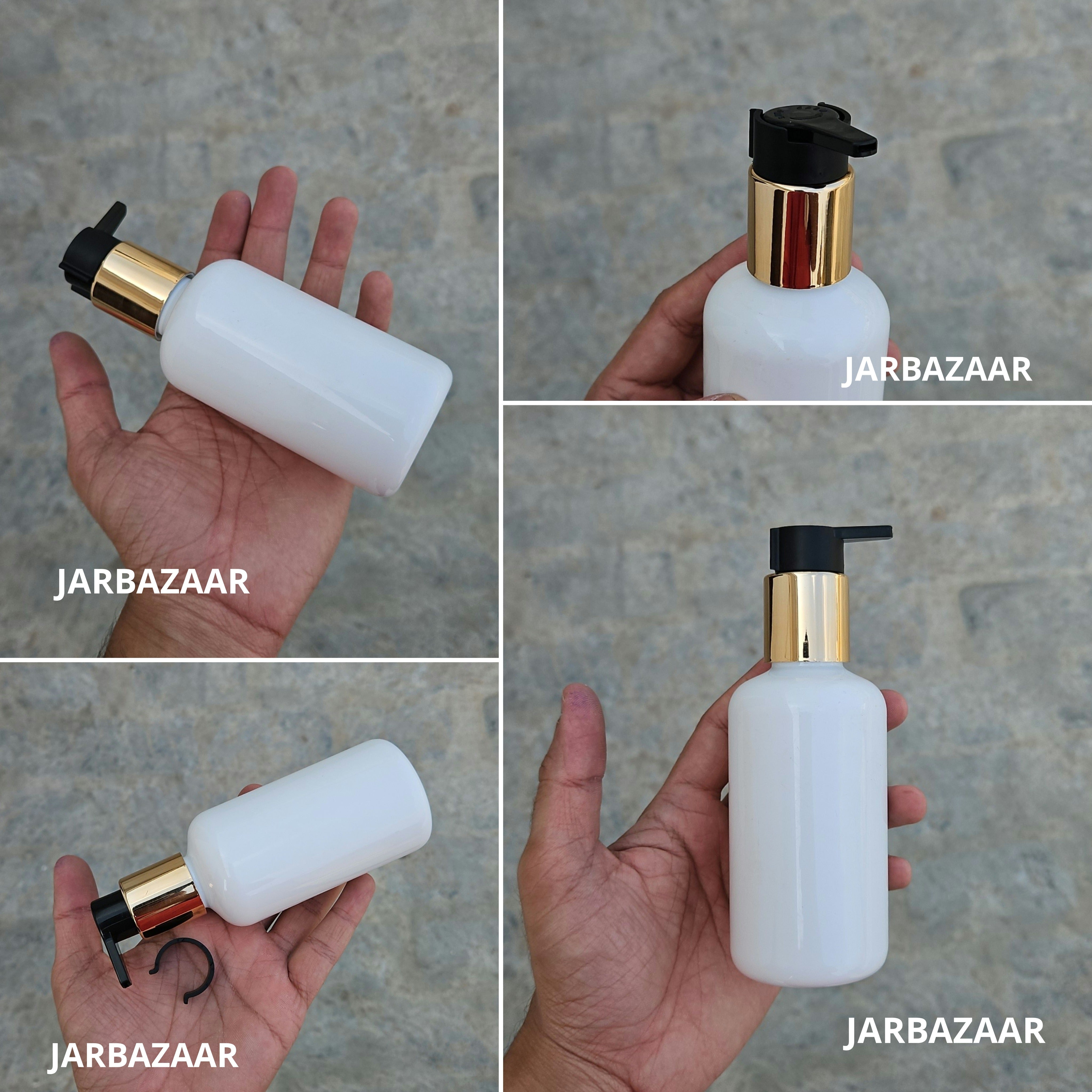 200 Ml Boston White Pet Bottles [ With Fancy Clip Lock Dispenser Pumps ] - Golden Black